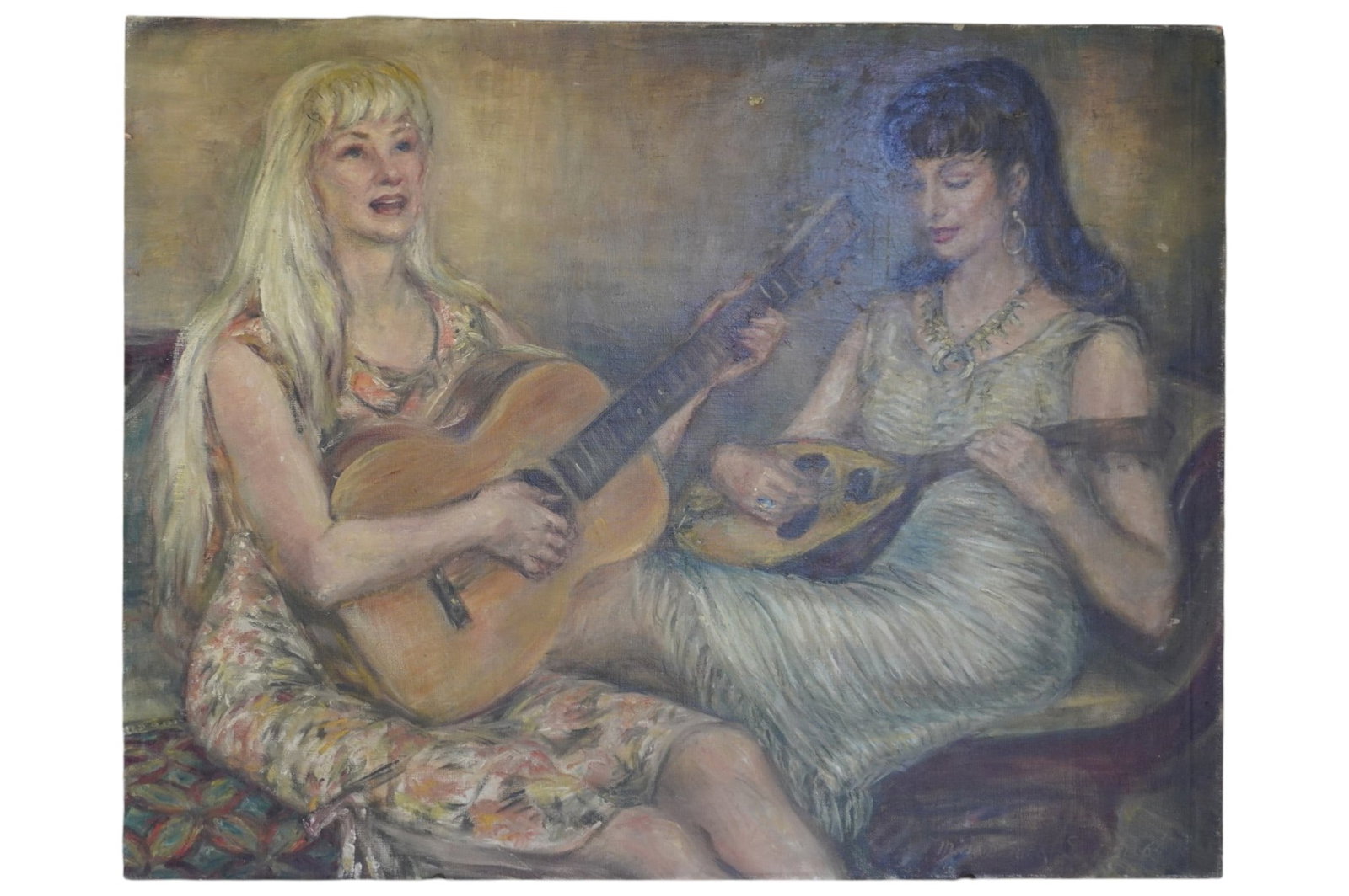 MID CENTURY 1960S OIL ON CANVAS TWO WOMEN MUSICIANS (1 of 6)