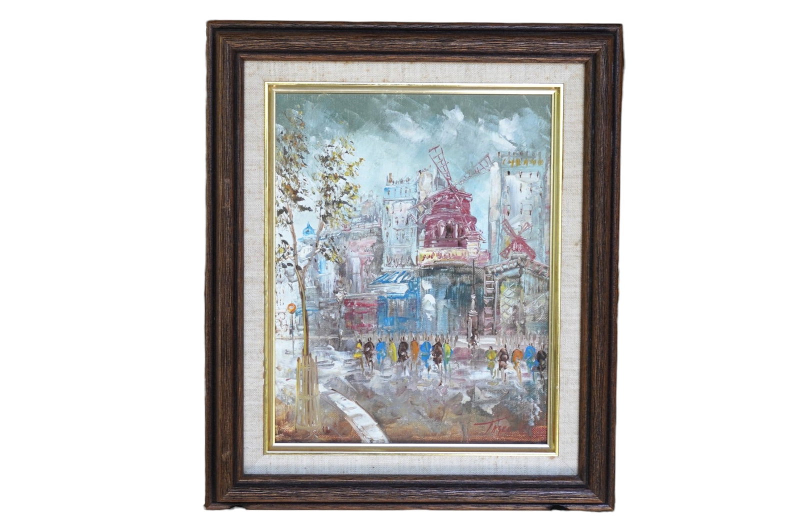 MID CENTURY OIL ON CANVAS MOULIN ROUGE PARIS: Mid century 1960s Oil on Canvas Moulin Rouge, Paris. Signed lower right, signature illegible. Professionally framed. Measures 10 3/4"x 12 1/2"x"x1 1/2". Weight 1 lb 6 oz **In house shipping available 