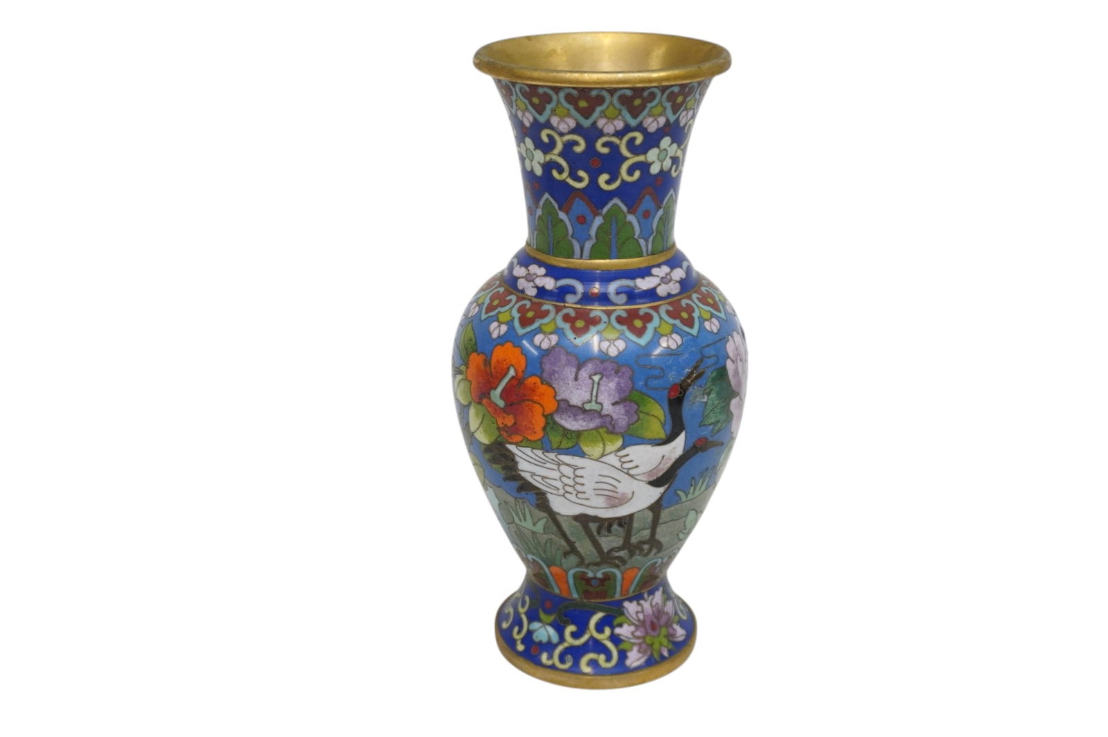 VINTAGE CHINESE CLOISONNE VASE WITH STORKS: Vintage Chinese Cloisonne Vase with Storks on blue ground. Measures 3 1/2"x3 1/2"x8". Weight 14 oz. **In house shipping available on this lot** If you win this lot, please select self arranged for in 