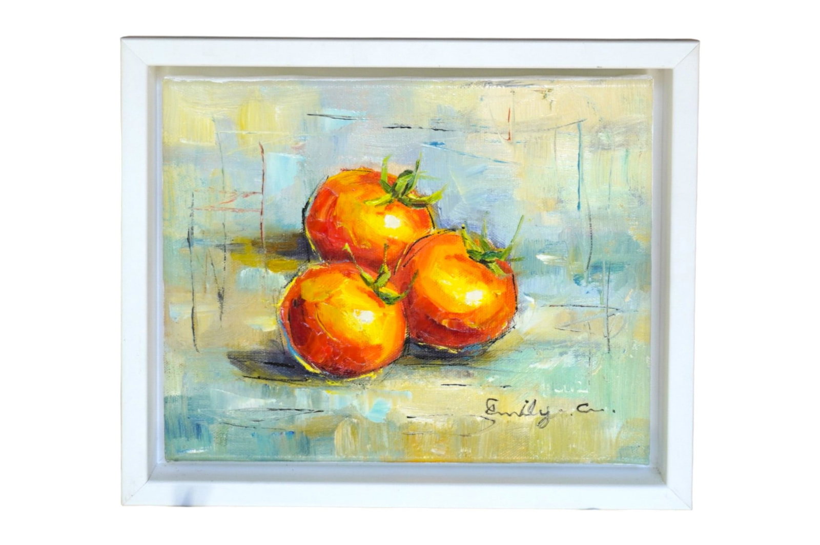 ORIGINAL EMILY C TOMATOES OIL ON CANVAS: Original Tomatoes Oil on Canvas signed lower right Emily C. In white wood frame measures 12"x9 3/4"x1 3/4. Weight 1 lb 10 oz.**In house shipping available on this lot** If you win this lot, please sel