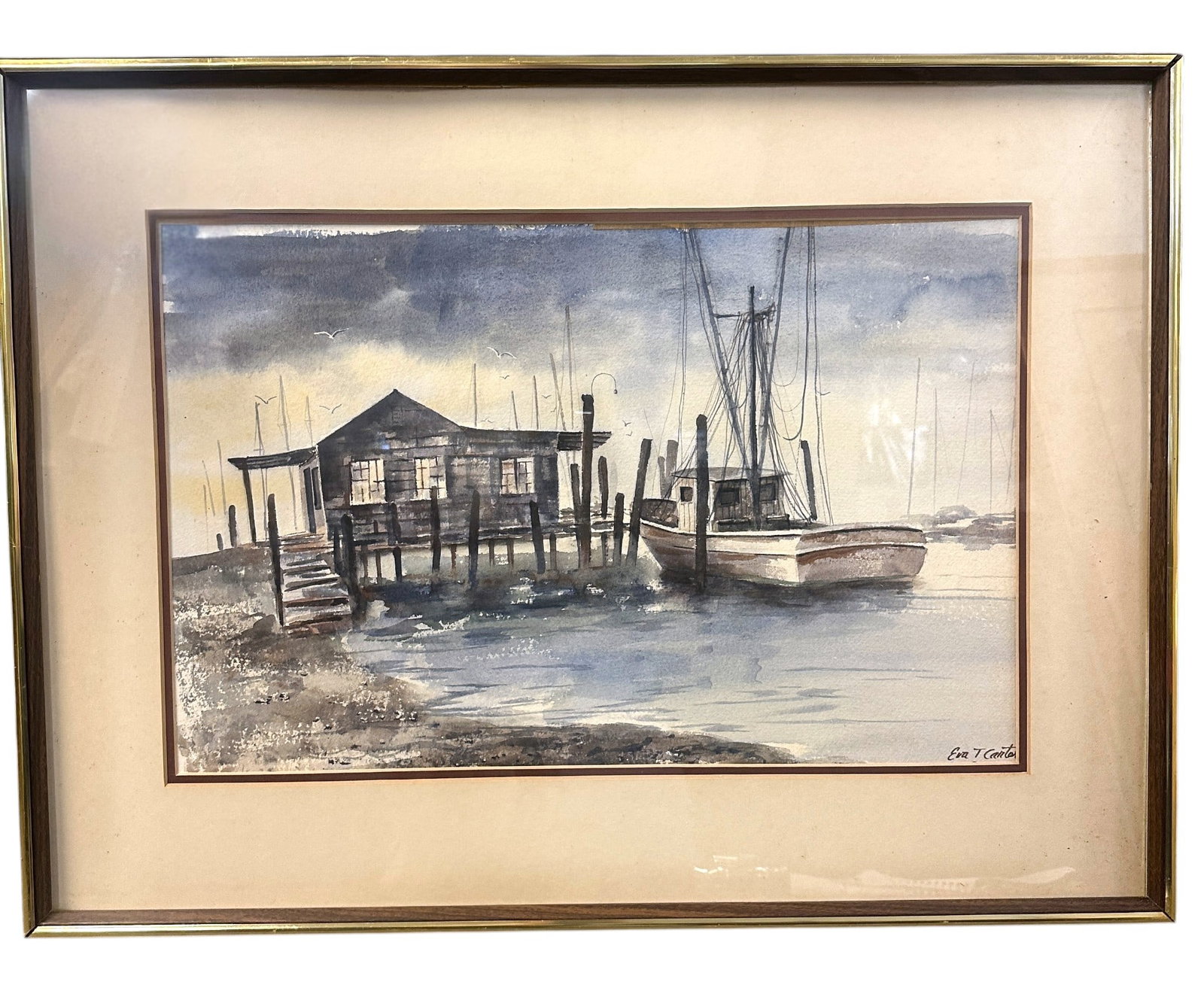 EVA CARTER ORIGINAL WATERCOLOR LOWCOUNTRY SHRIMP BOAT 1978: Vintage Original Eva Carter Watercolor of a Shrimp Boat at dock painted in 1978. In Frame measures 21.25" x 28" x 1.5". weighs approx 7.3 lbs. Eva Carter has been a leading figure in the Charleston ar