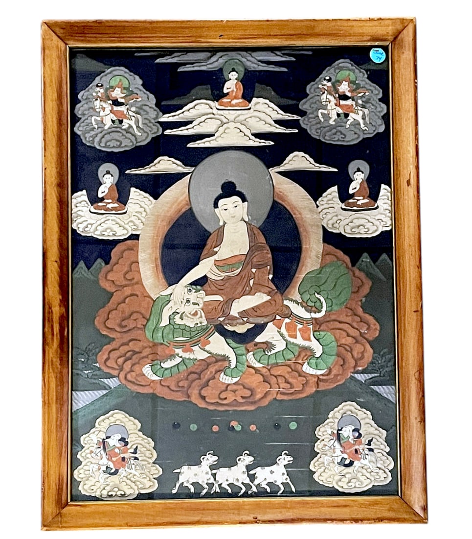 VINTAGE HAND PAINTED TIBETAN THANGKA ON SILK (1 of 3)