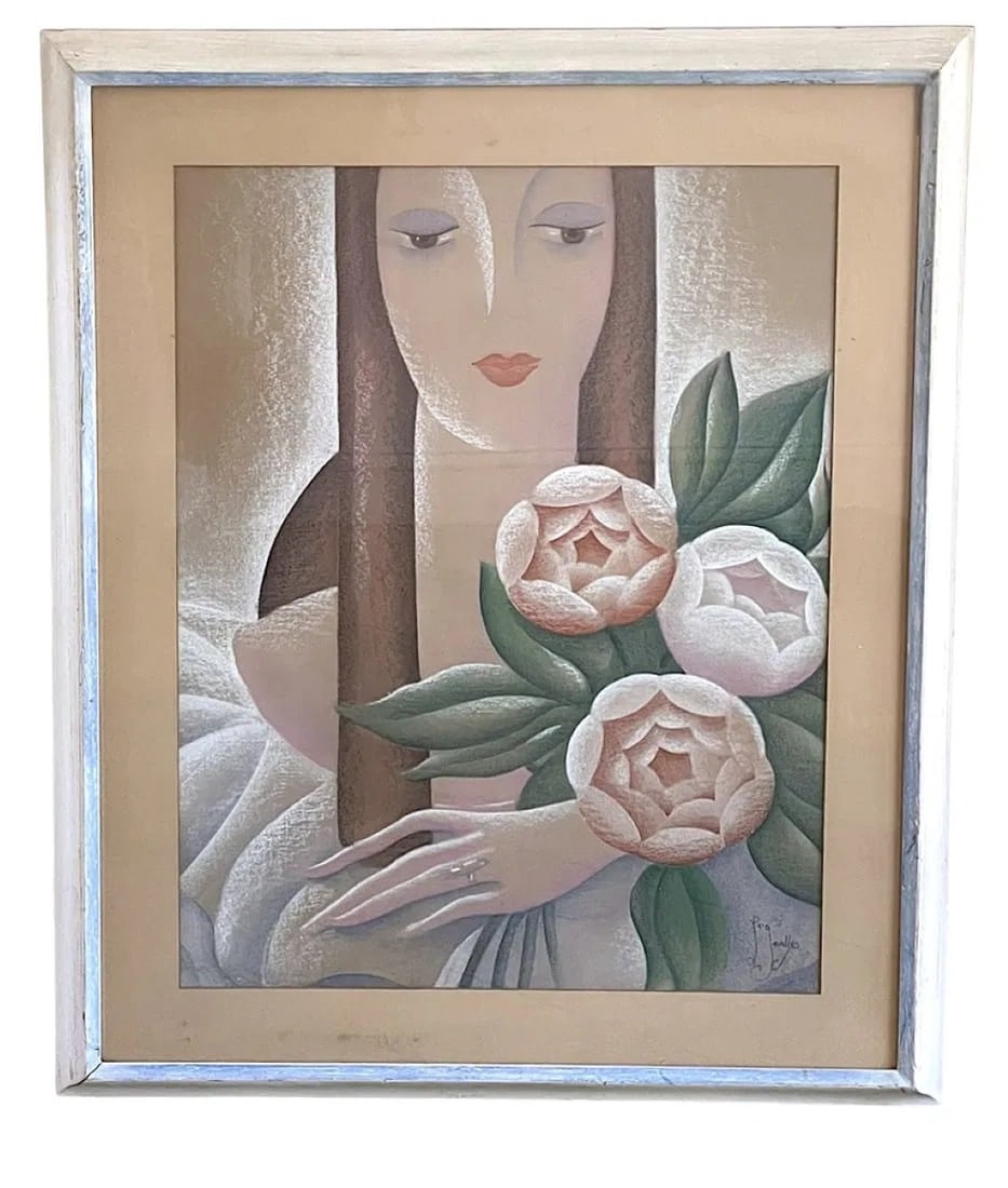 VINTAGE ART DECO WOMAN PASTEL PRINT: Vintage Art Deco Pastel Print. In frame measures 27"x32 1/2"x1 1/2". Weight 8 lbs. PROVENANCE The Historic R.M. Venning House, Charleston SC **In house shipping available on this lot** If you win this