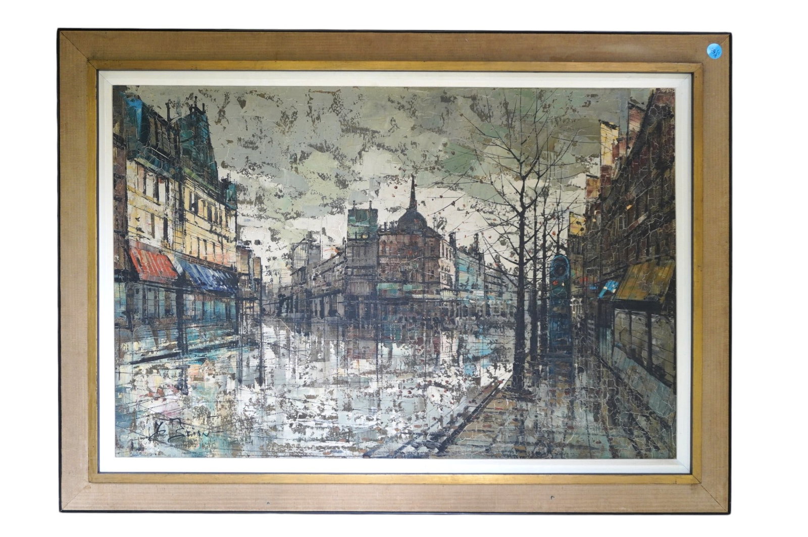 LARGE MCM PARISIAN SCHOOL STREET SCENE OIL ON CANVAS: Large Mid Century Parisian Street Scene Oil on Canvas. Signed lower left, signature hard to decipher. In Frame measures 30 3/4"x42 1/2"x1". Weight 9 lbs. Craquelure throughout, some flaking to upper r