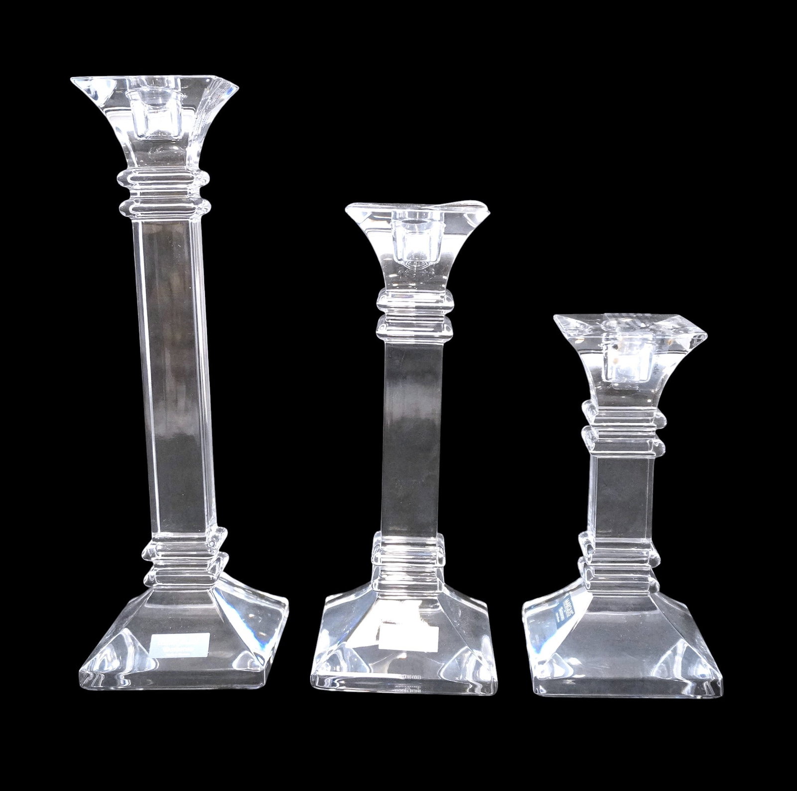 3 WATERFORD CRYSTAL MARQUIS TREVISO CANDLESTICKS IN BOX: Set of 3 Graduated Waterford Crystal Marquis Treviso Candlesticks in the original box, with labels, unused. Tallest is 10". Box measures 11 1/4"x11 1/4"x3 1/2". Weight 7 lbs .PROVENANCE The Historic R