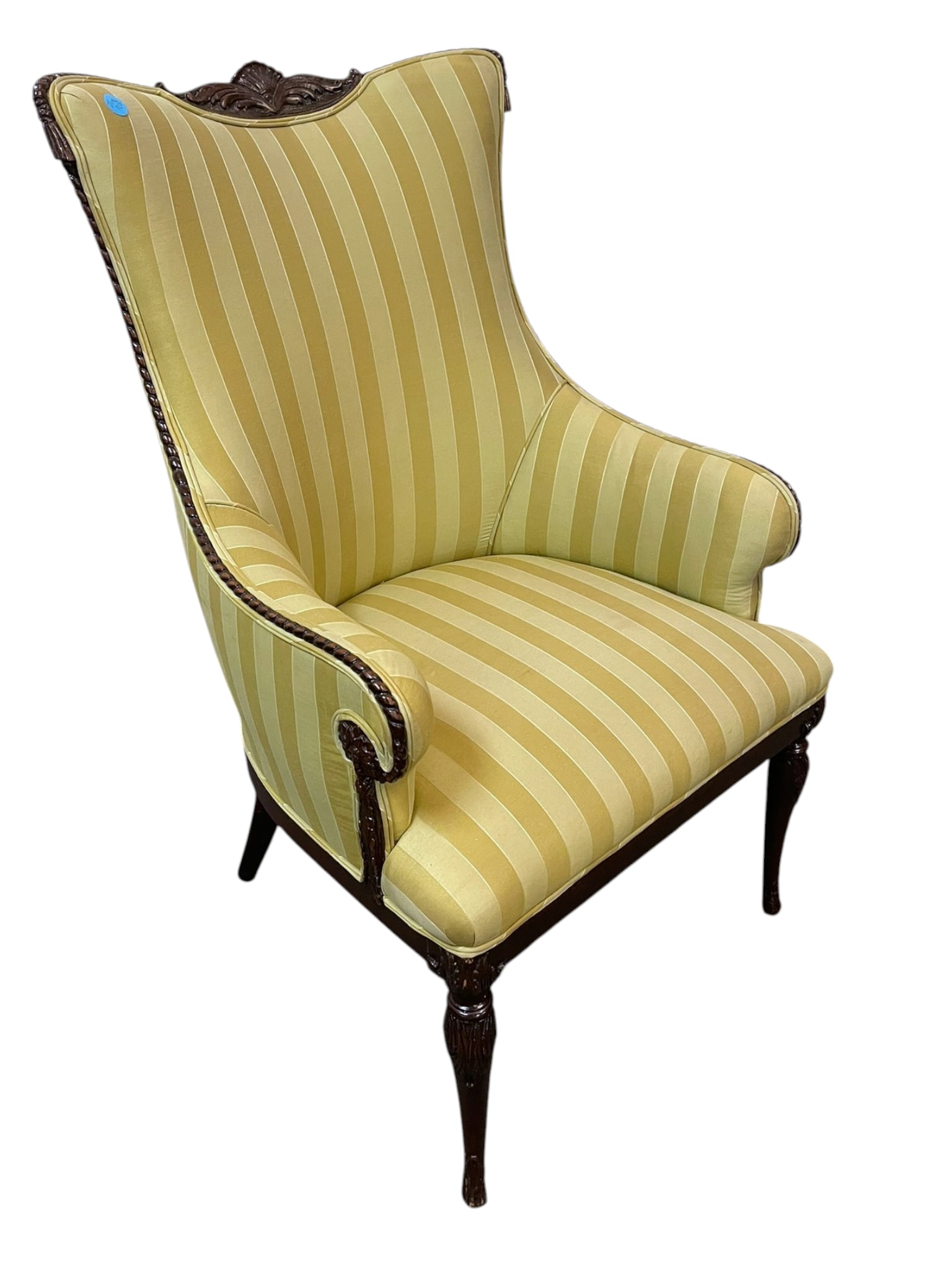 EXCEPTIONAL REGENCY REVIVAL ARMCHAIR: Exceptional Quality Regency Revival Mahogany Armchair. Carved shell crest, rope twist arms, fine detail carved arms and legs. Measures 25"x24"x40 1.2" tall, Seat depth 18 1/2" **In house shipping