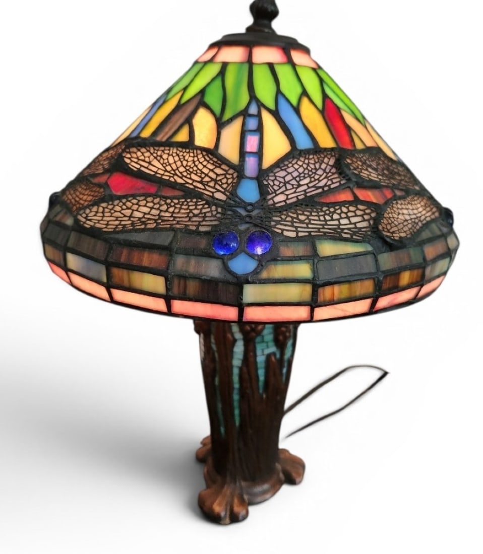 VINTAGE TIFFANY STYLE BRONZE STAINED GLASS DRAGONFLY LAMP: Vintage Tiffany Style Bronze and Leaded Stained Glass Dragonfly Boudoir Lamp with Wheat Lamp Base.Works well. Measures 10 1/2"x10 1/2"x14". Weight 4 lbs 6 oz. **In house shipping available on this lot