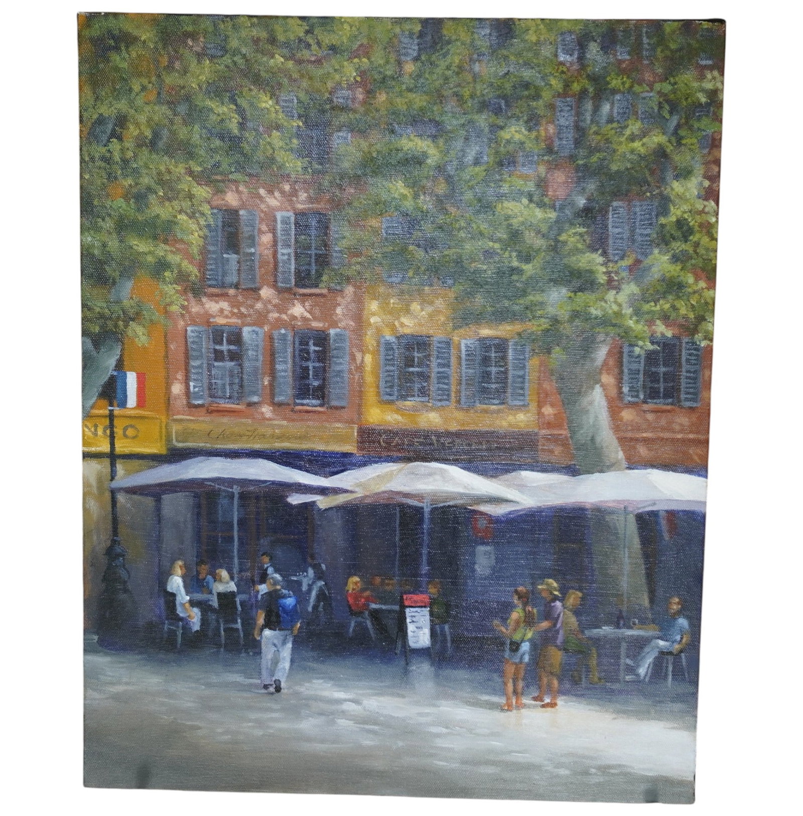 LARRY LEVOW (savannah, b 1934) PROVINCIAL LIGHTS OIL ON CANVAS: Larry Levow, Provincial Lights, Aix en Provence Oil on Canvas.a French cafe with figures dining and walking, signed, titled and dated 2016 on verso, unframed on stretcher. Measurements: Height: of can