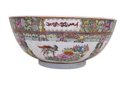 LARGE CHINESE HAND PAINTED FAMILLE ROSE ROSE PUNCH BOWL