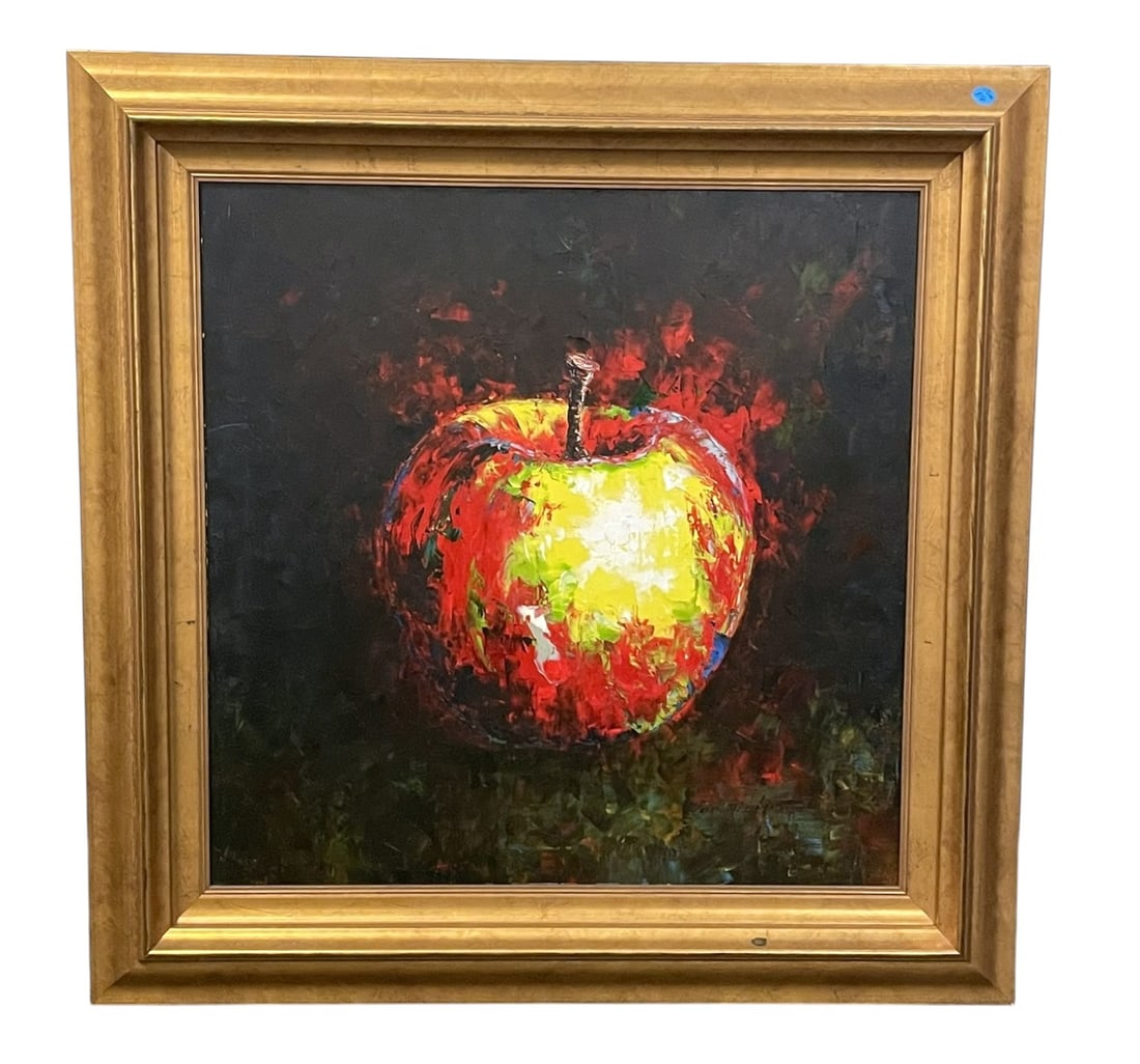 VAN MATINO (b.1955) IMPASTO OIL PAINTING APPLE: Van Matino (korea, b, 1955) Impasto Oil Painting Apple. Professionally framed in gilt wood frame.. In frame measures 32"x32"x2". Weight 11 lbs. **In house shipping available on this lot** If you win t