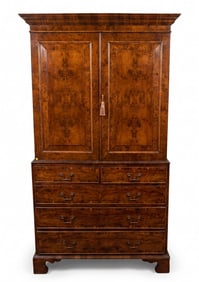 ENGLISH GEORGIAN BURLED YEW & WALNUT LINEN PRESS
