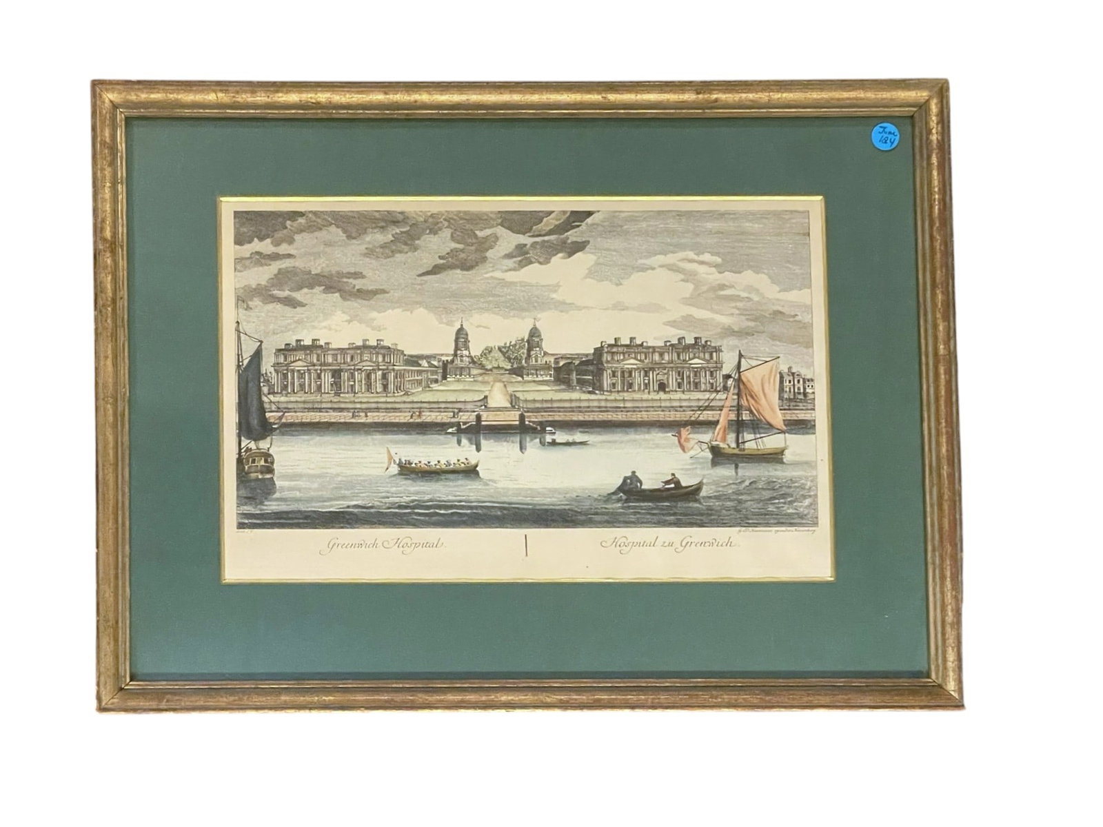 ANTIQUE HAND COLORED ENGRAVING THE ROYAL NAVAL HOSPITAL: Antique Hand Colored Engraving of The Royal Naval Hospital in Greenwich. A perspective view from the river Thames. It is a vue d'optique which were popular for viewing thru a zograscope.