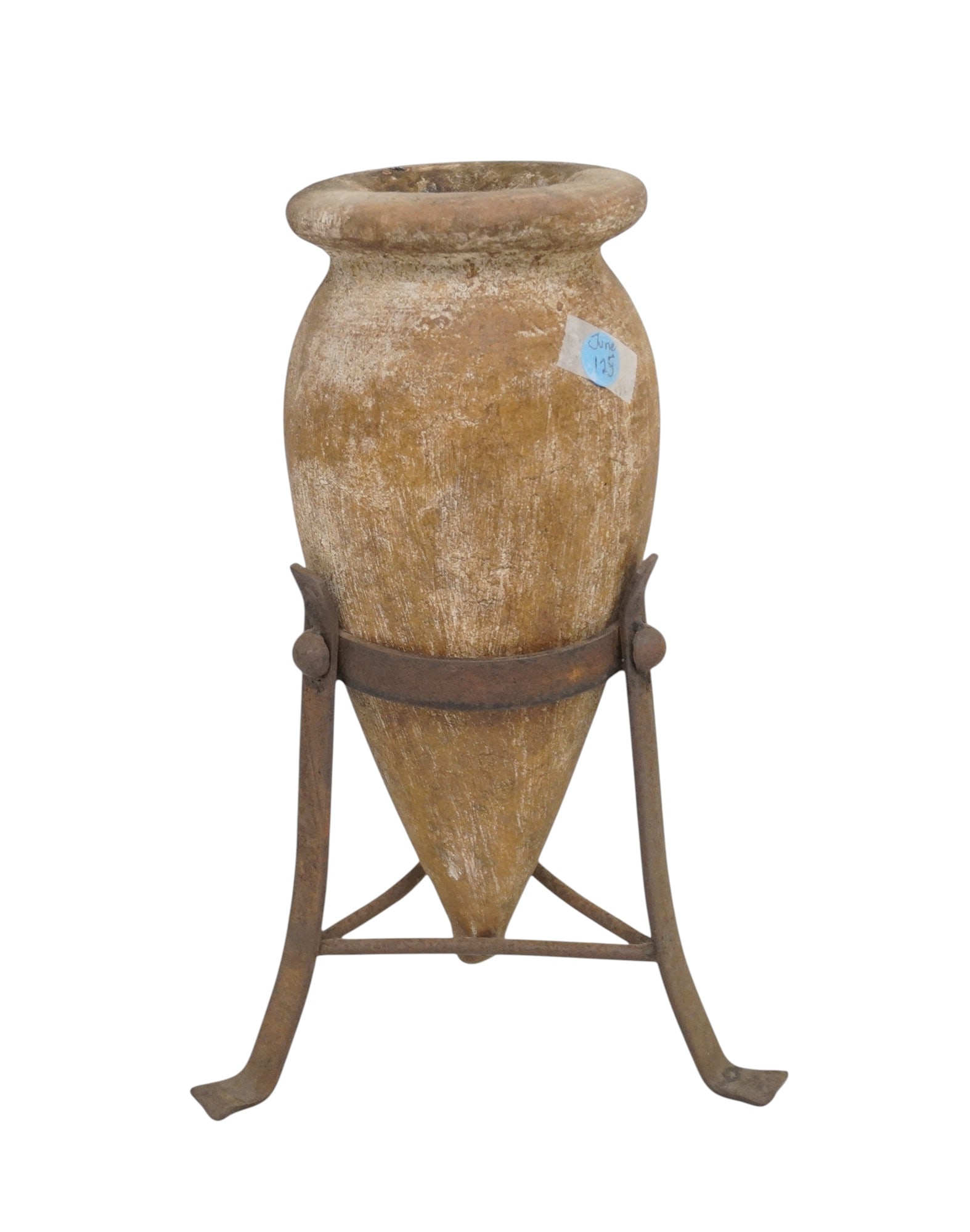ANTIQUE AMPHORA POTTERY VASE IN IRON STAND: Antique Amphora Pottery in Iron Stand. Measures 9"x9"x13 1/2". Weight 7 lbs **In house shipping available on this lot** If you win this lot, please select self arranged for in house shipping when payi