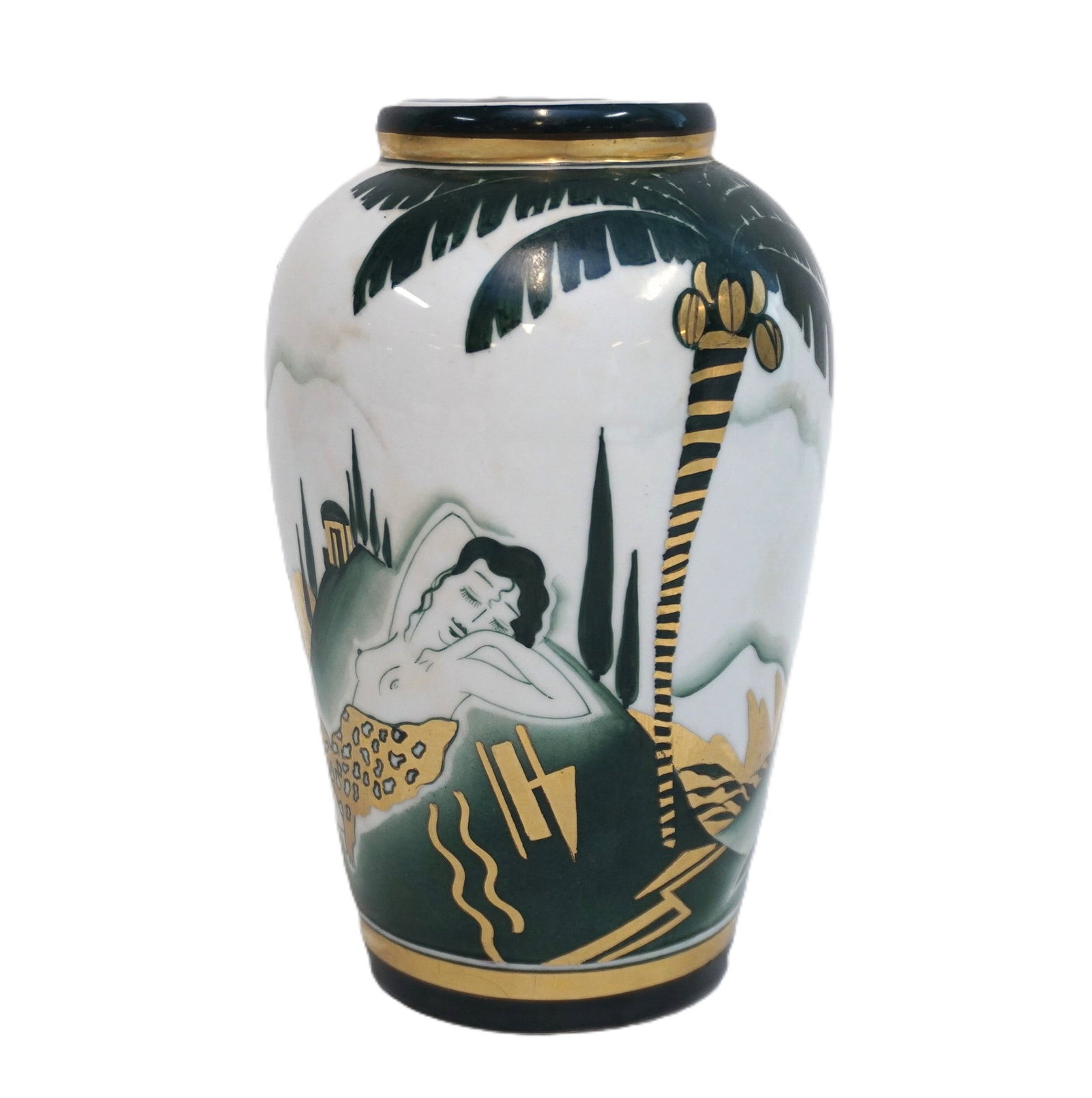 RARE ART DECO NUDE & GAZELLE BURTNIEKS RIGA PORCELAIN VASE: Rare and very Hard to Find True Art Deco Faience vase "In the rest" 1929-1939, with nude and gazelle.. Burtnieks porcelain factory (1929-1939). Designed by artist Sigismunds Vidbergs (1890-1970).