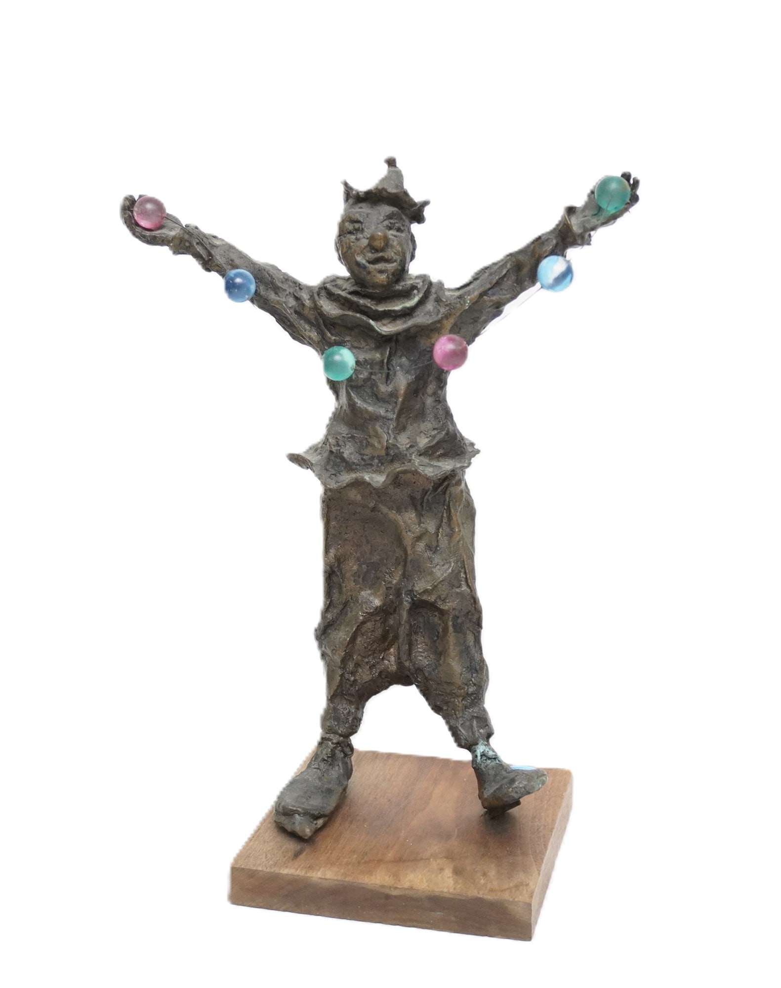 VINTAGE SOLID BRONZE IMPRESSIONIST CLOWN: Vintage Solid Bronze Impressionist Clown juggling a string of glass balls. Measures 14" x 10" x 6'. weighs 12.3 lbs **In house shipping available on this lot** If you win this lot, please select self