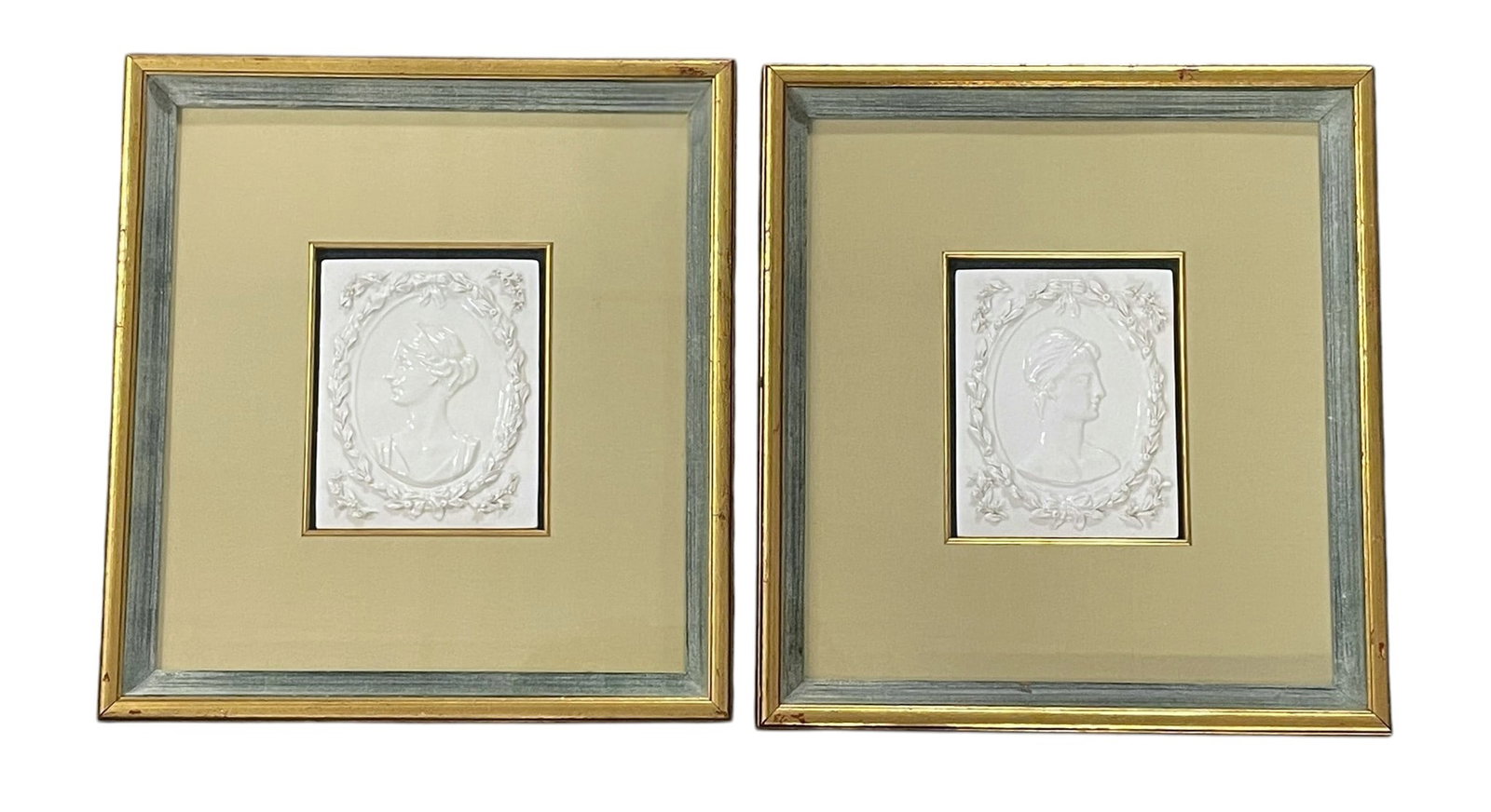 PAIR FRAMED ITALIAN WHITE MAJOLICA POTTERY TILES EMPEROR & EMPRESS (1 of 4)