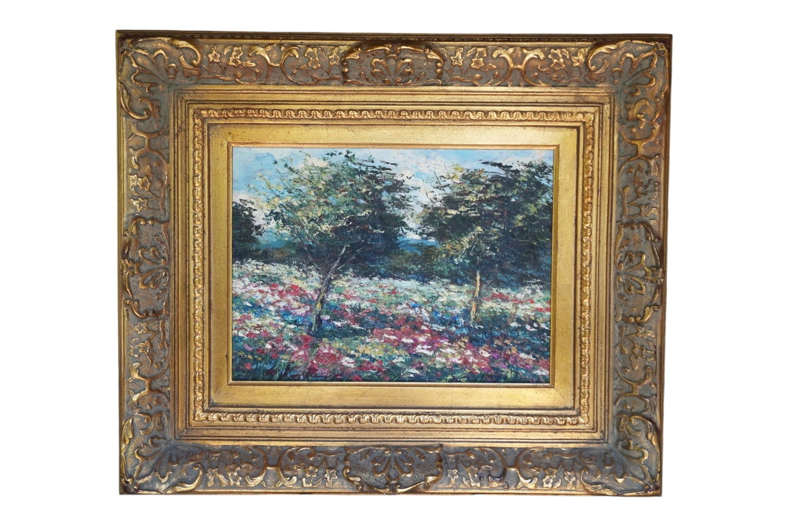 OIL ON CANVAS PASTORAL LANDSCAPE IN ORNATE GILT FRAME: Original Oil on Canvas Impressionist Pastoral Landscape with Trees and Flowers in Ornate Gilt Frame. Illegibly signed lower left. Measures 25 1/4"x23 1/2"x3". Weight 12 lbs**In house shipping availabl