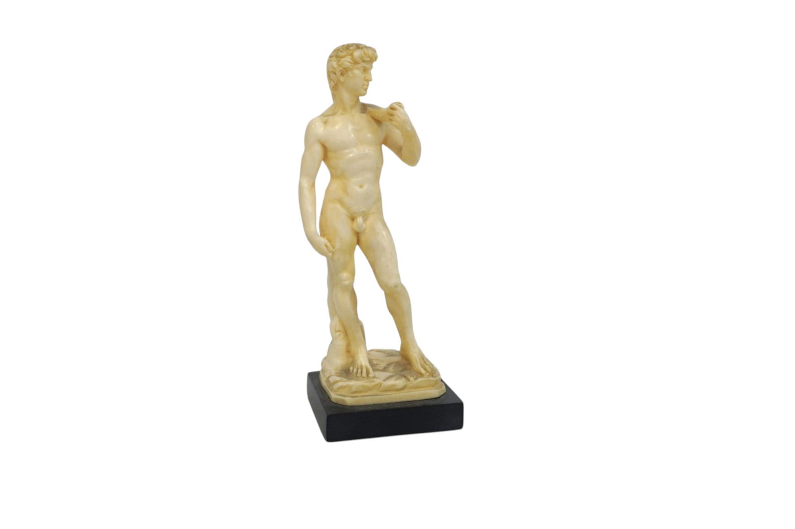 VINTAGE A. SANTINI ITALY MICHELANGELO'S DAVID: This striking vintage miniature A. Santini sculpture depicts Michelangelo?s famous David, one of the most iconic masterpieces of the Renaissance. Expertly cast in bonded marble resin and mounted on a 