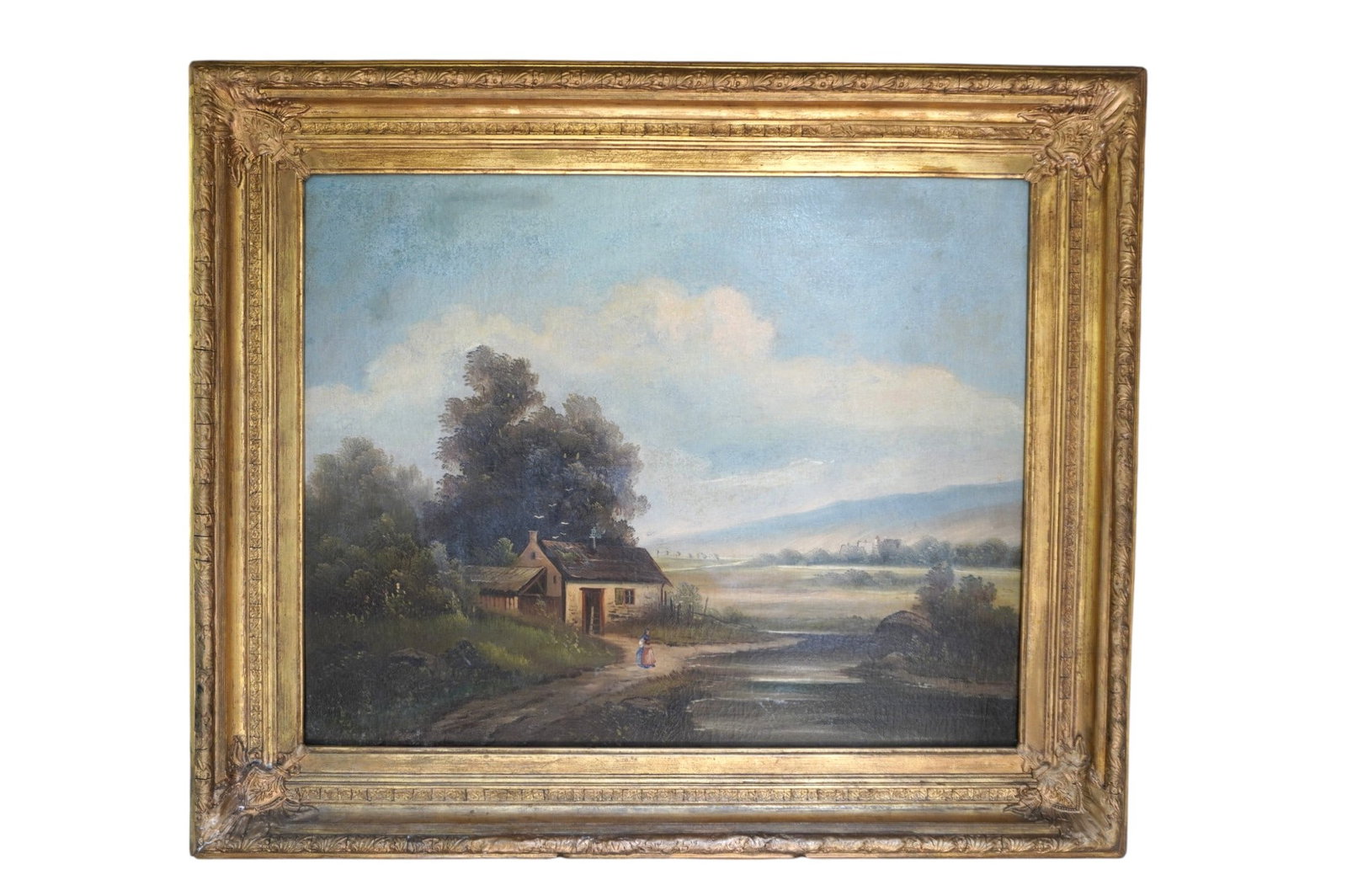 19TH C OIL PASTORAL LANDSCAPE WITH COTTAGE 1878: Antique Pastoral Landscape with Cottage Oil on Canvas. Partial label en verso reads Braus 1878. In stunning original period carved gilt and gesso frame. In frame measures 34"x29"x2 3/4. Weight 12 lbs 
