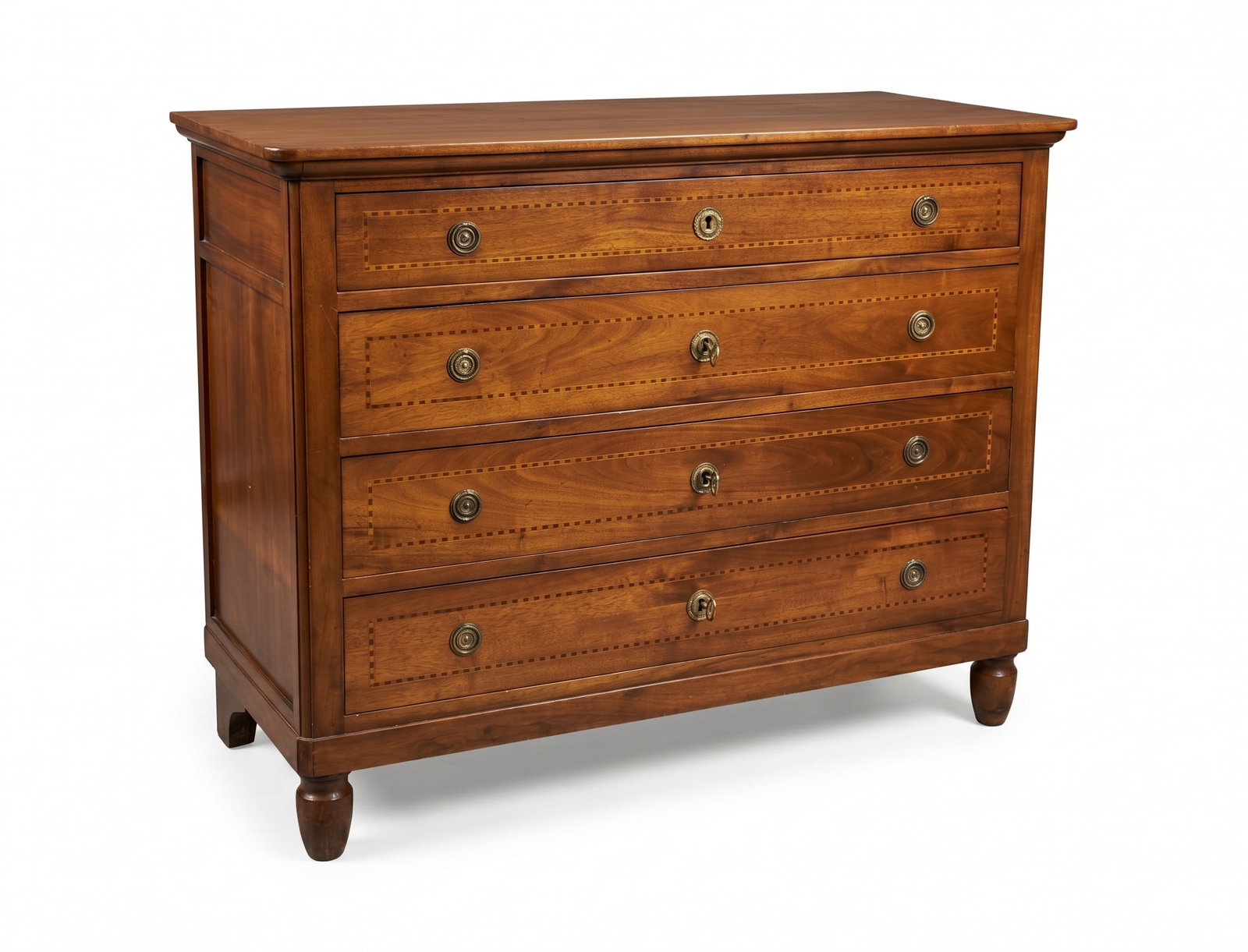 LOUIS XVI WALNUT WITH MARQUETRY INLAY 4 DRAWER CHEST: Louis XVI Walnut 4 Drawer Chest / Commode with Banded Marquetry Inlay to Drawers and Top. Drawer with Brass Pulls, locks and keys. Measures 49"wide x 23" deep x 39" tall **In house shipping available 