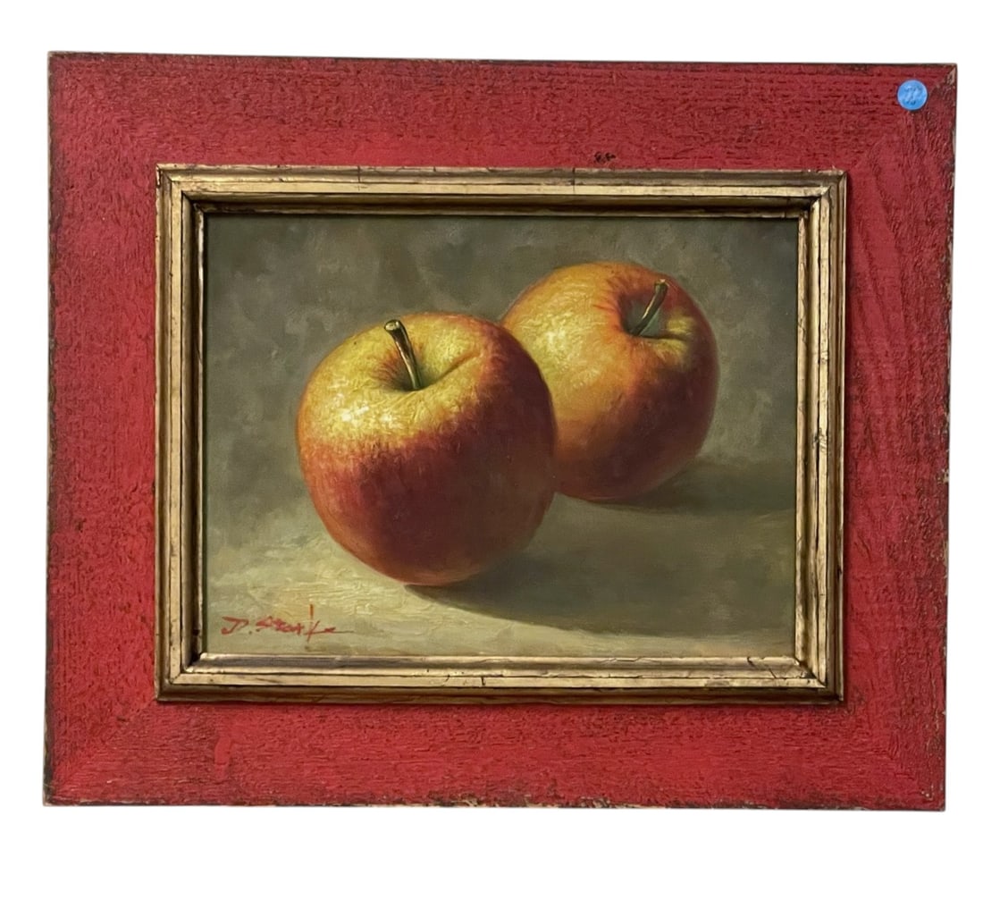 STILL LIFE APPLES OIL PAINTING D. STARK: Original Still Life Oil Painting Apples signed D. Stark. Professionally framed in red wood frame. In frame measures 18"x23"x1". Weight 4 lbs **In house shipping available on this lot** If you win this