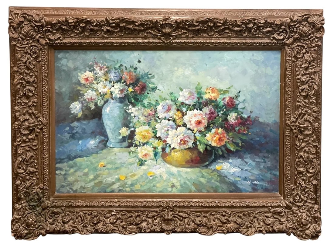 LARGE W ADAMS OIL ON CANVAS FLORAL STILL LIFE ORNATE WOOD FRAME (1 of 3)