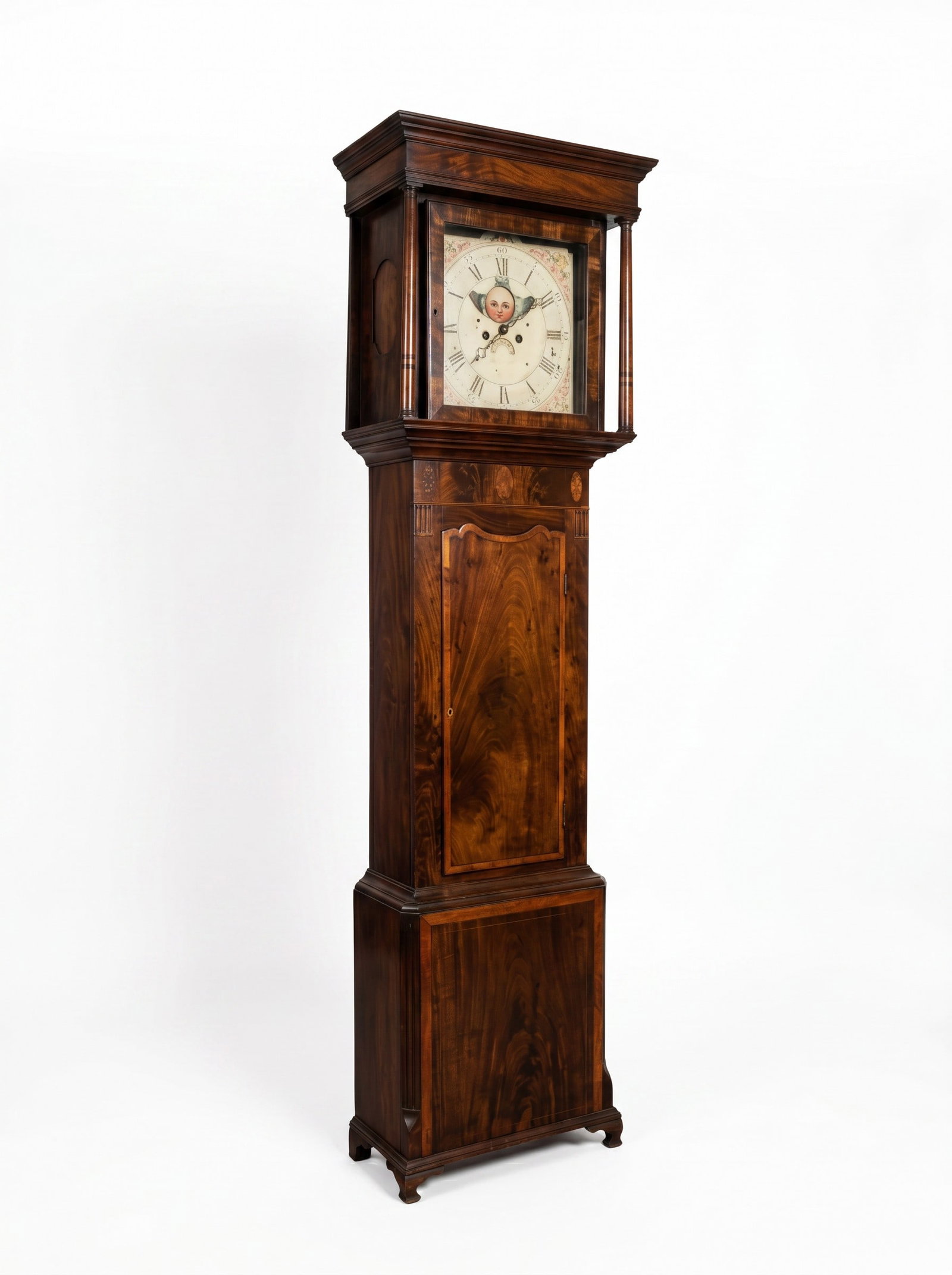 GEORGIAN ENGLISH MARITIME SHIP & MOON TALL CASE CLOCK: Antique English Georgian Maritime Ship & Moon Tall Case Clock. Stunning Marquetry Case, Measures 21"x10"x84". **In house shipping available on this lot** If you win this lot, please select self arrang