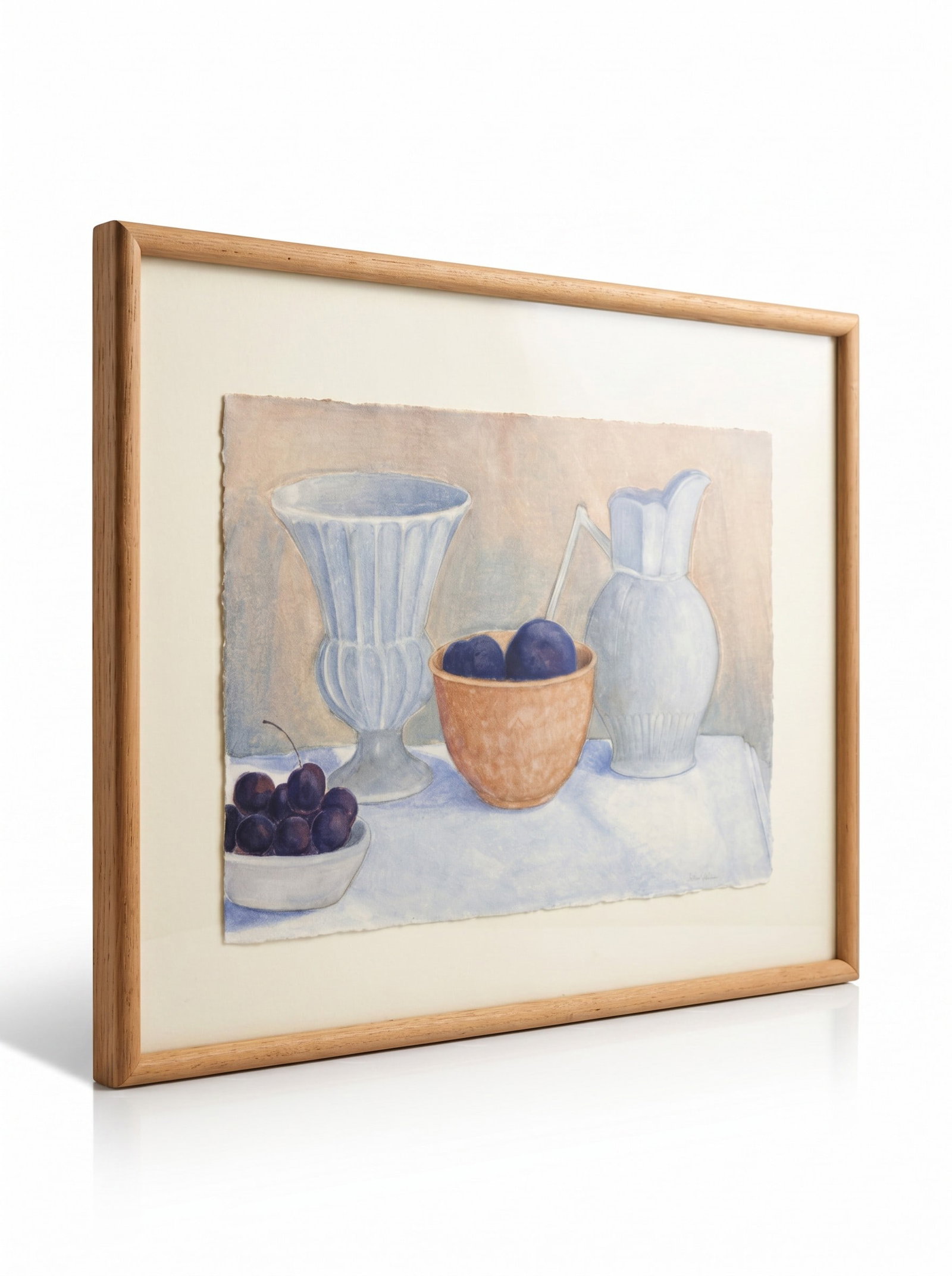 ANTONIA MUNROE OIL ON PAPER STILL LIFE CHERRIES & PLUMS 1986: Vintage Antonia Munroe (NYC, b.1952) Oil on Paper Still Life Cherries and Plums 1986. In frame measures 15" x 22" x 1". Weighs approx 8.7 lbs. Antonia Munroe is an American painter and collage artist 
