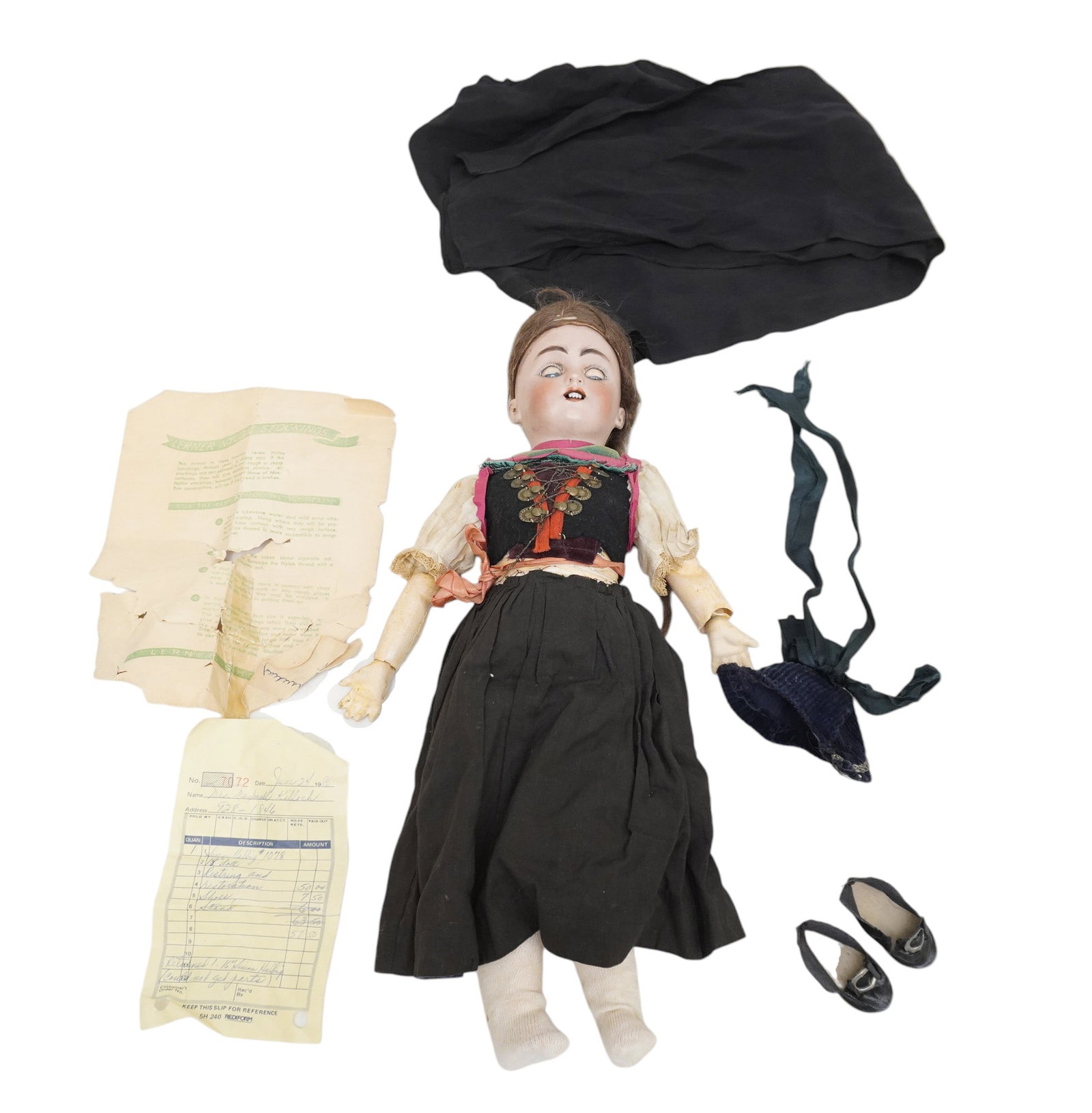 ANTIQUE GERMAN 16" SIMON & HALBIG 1078 BISQUE DOLL: Antique German 16" Simon & Halbig 1078 Bisque Doll. Marked on back of head. Includes paperwork from previous restoration as well as original shoes, newer shoes, and shawl as well as original outfit wi