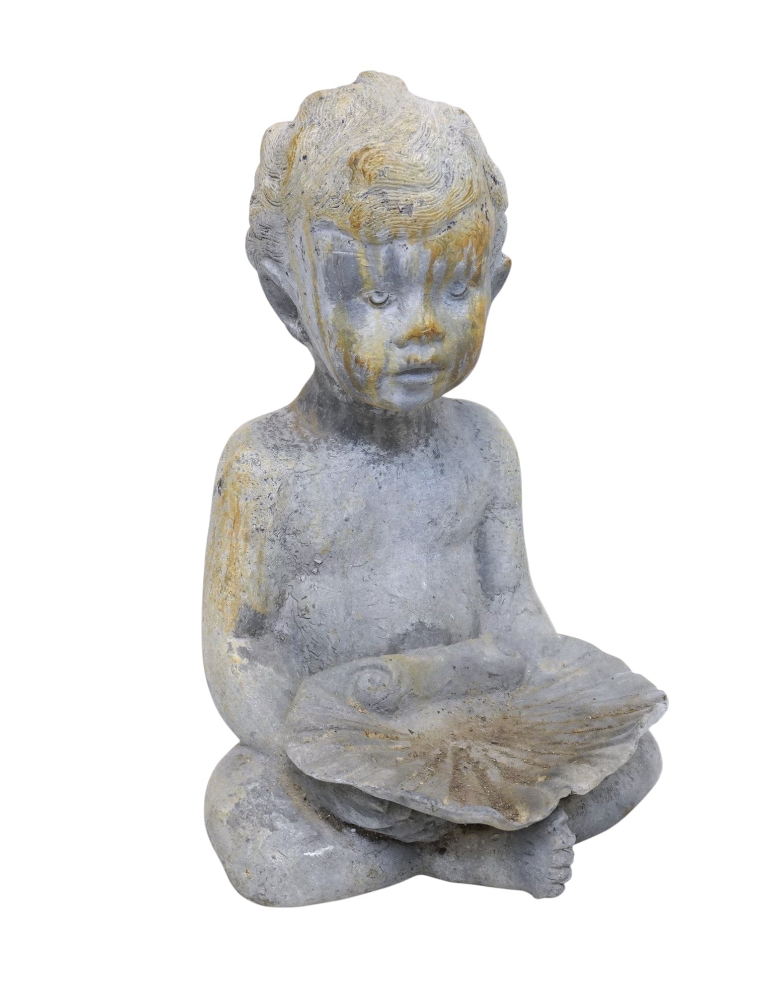 VINTAGE GARDEN CHERUB STONE SCULPTURE: Garden Cherub Stone Sculpture. 15" x 11" x 10". weighs 48 pounds **In house shipping available on this lot** If you win this lot, please select self arranged for in house shipping when paying**