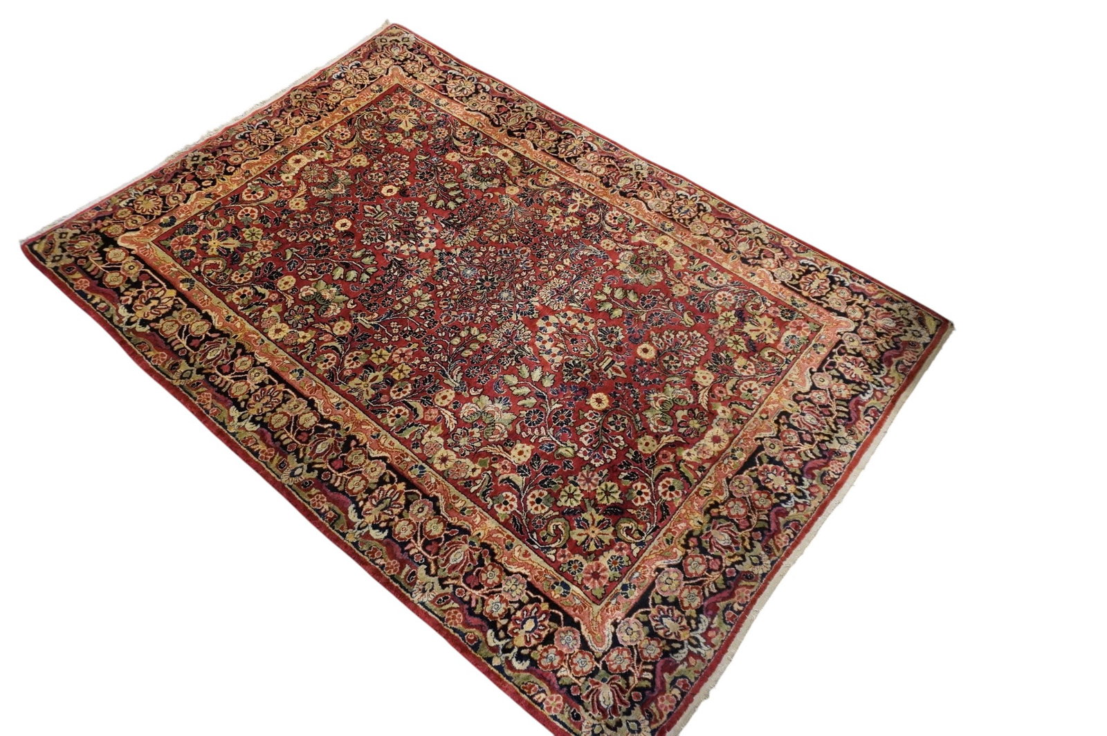 VINTAGE PERSIAN SAROUK HAND KNOTTED WOOL 9 FT: Vintage Persian Hand Knotted Wool Sarouk Rug, The colors are still very strong and it maintains its thick pile. Measures 109" x 74". weight approx 25 lbs.**In house shipping available on this lot** If