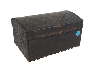 ANTIQUE SPANISH TOOLED LEATHER AND WOOD COFFER BOX