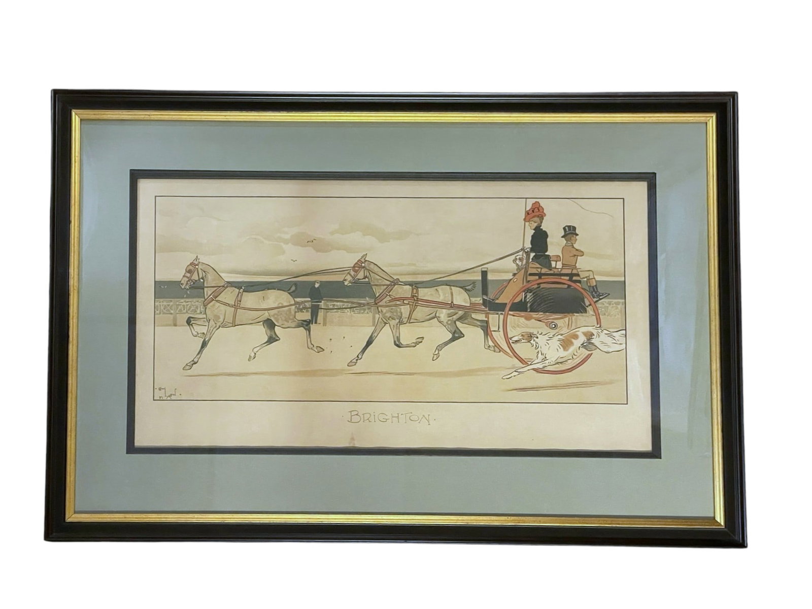 CECIL ALDIN (1870-1935) BRIGHTON ENGLISH COLOR LITHOGRAPH: Cecil Aldin (1870-1935) English Graphic Artist and Illustrator, "Brighton" color lithograph, signed and dated 97 in the stone. Professionally framed behind glass. In Frame Measures 29" x19"x1". Weight