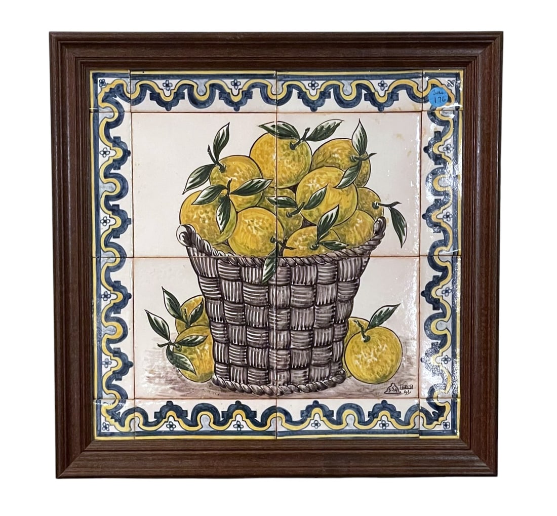 FRAMED HAND PAINTED LEMON TILE MURAL PROVENCE: Framed Hand Painted Lemon Tiles from Provence, Professionally framed. In frame 17"x17"x1 1/2". Weight 8 lbs. **In house shipping available on this lot** If you win this lot, please select self arrange