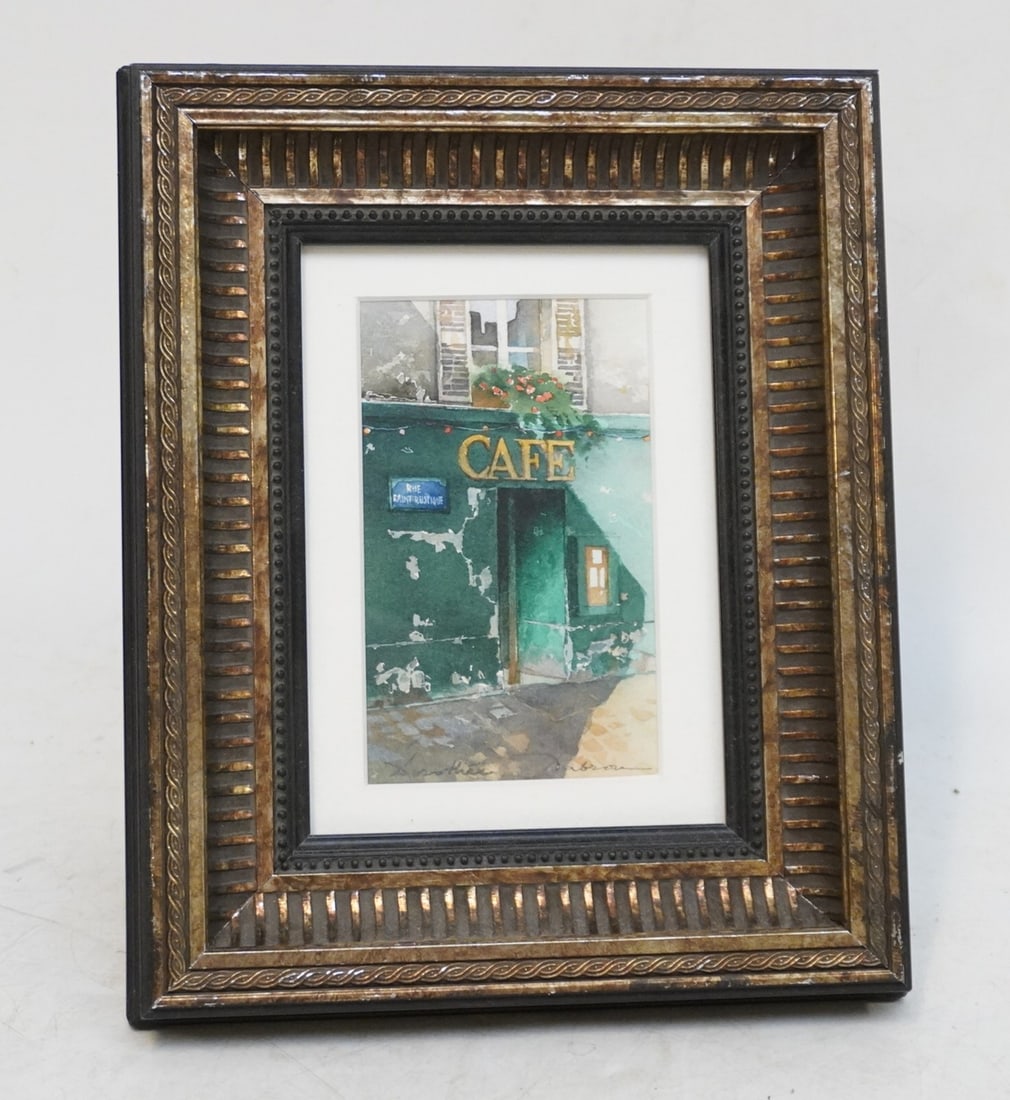 DOROTHEE DABROU MONTMARTRE ORIGINAL WATERCOLOR: Original Montmartre Paris Cafe Watercolor by Dorothee Dabrou. Rue Saint-Rustique Caf? de Bonne Franquette. In frame under glass, measures 7 3/4"x10 3/4"x1 3/4". Weight 2 lbs 6 oz. **In house shipping 