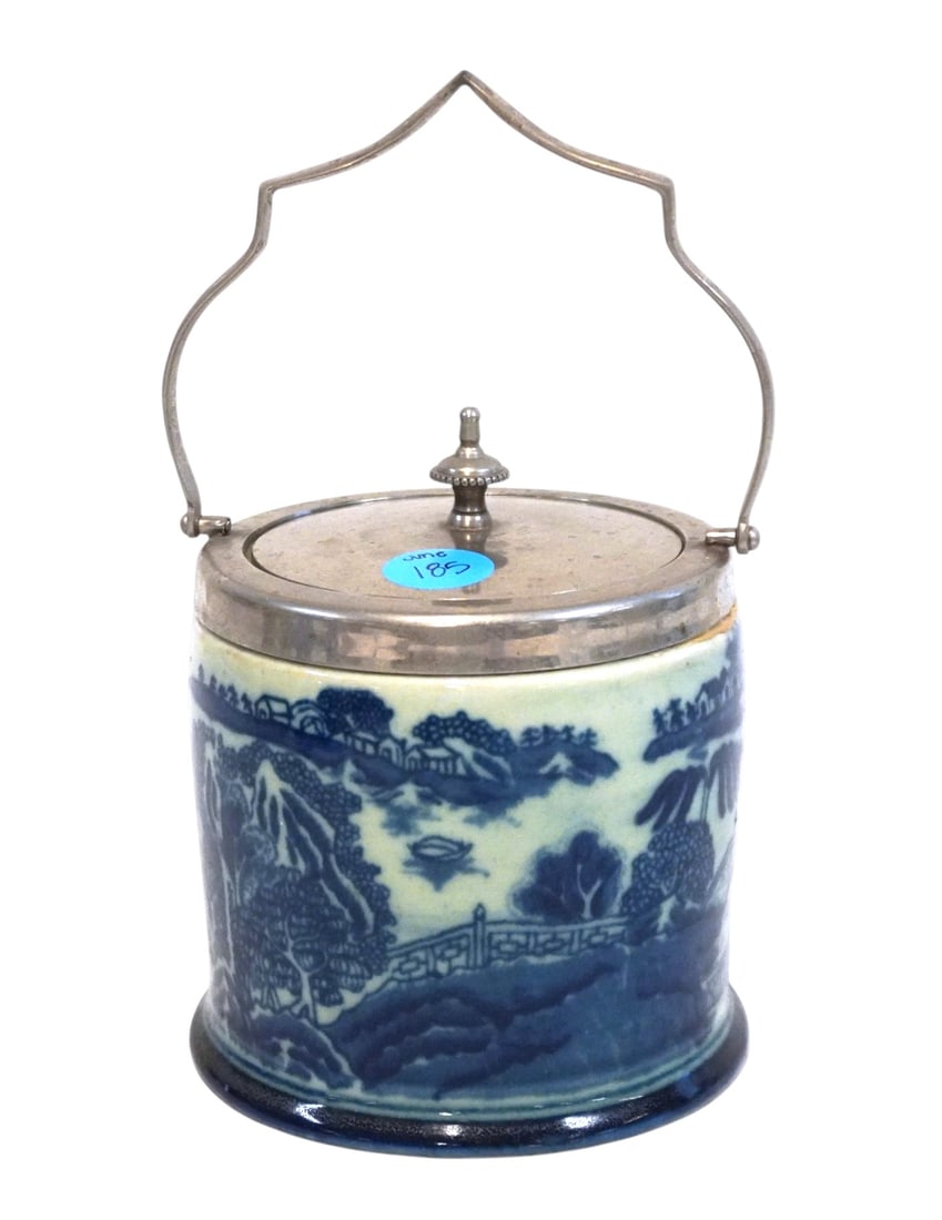 ANTIQUE IRONSTONE FLOW BLUE BISCUIT JAR (1 of 7)