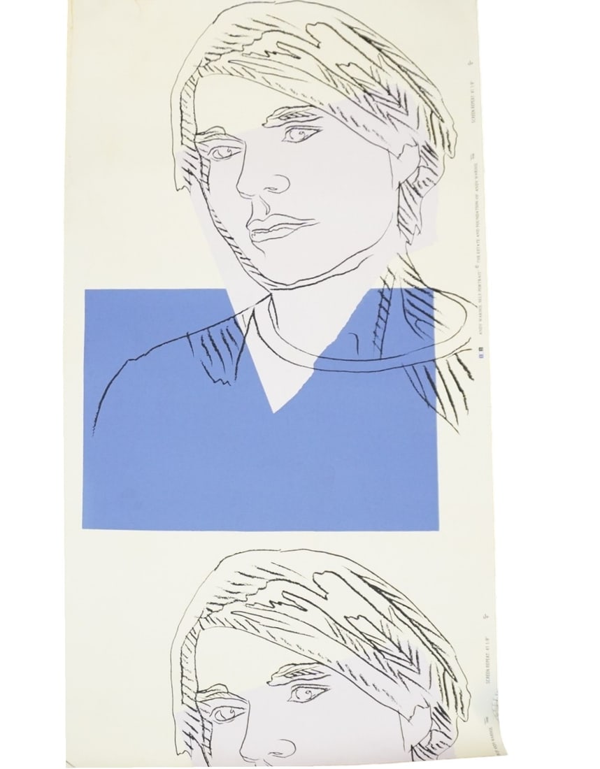 ANDY WARHOL SELF PORTRAIT 1978 WALLPAPER SILKSCREEN: Andy Warhol 1978 Self Portrait II.156A. Screen Print on Wallpaper. Partial Repeat/ Over-run. Side reads Trim*Andy Warhol Self Portrait*The Estate and Foundation of Andy Warhol.Unframed measures 59"x29