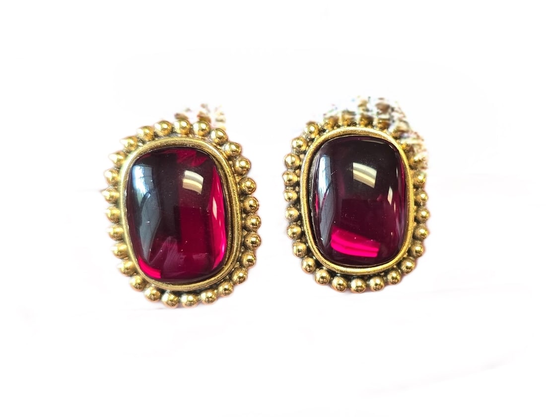 80s YSL YVES SAINT LAURENT RED GRIPOIX EARRINGS: Vintage 80s Yves Saint Laurent Red Gripoix Glass Earrings. Signed/Stamped on back. Each measures approx 5/8" and weighs 0.3 oz. **In house shipping available on this lot** If you win this lot, please 
