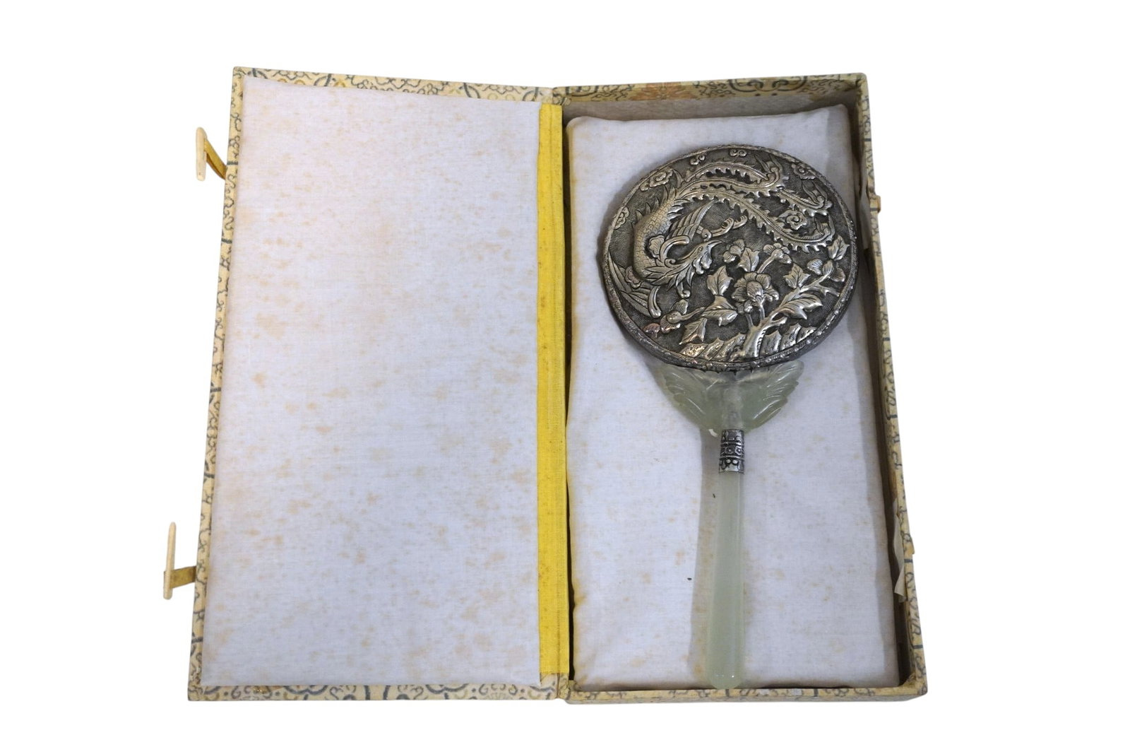 ORNATE GREEN JADE AND SILVER PLATE HAND MIRROR (1 of 5)