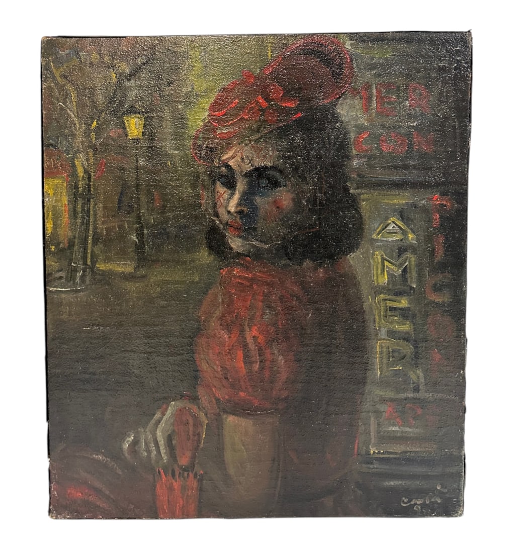1930s ORIGINAL OIL PAINTING LADY IN RED (1 of 3)