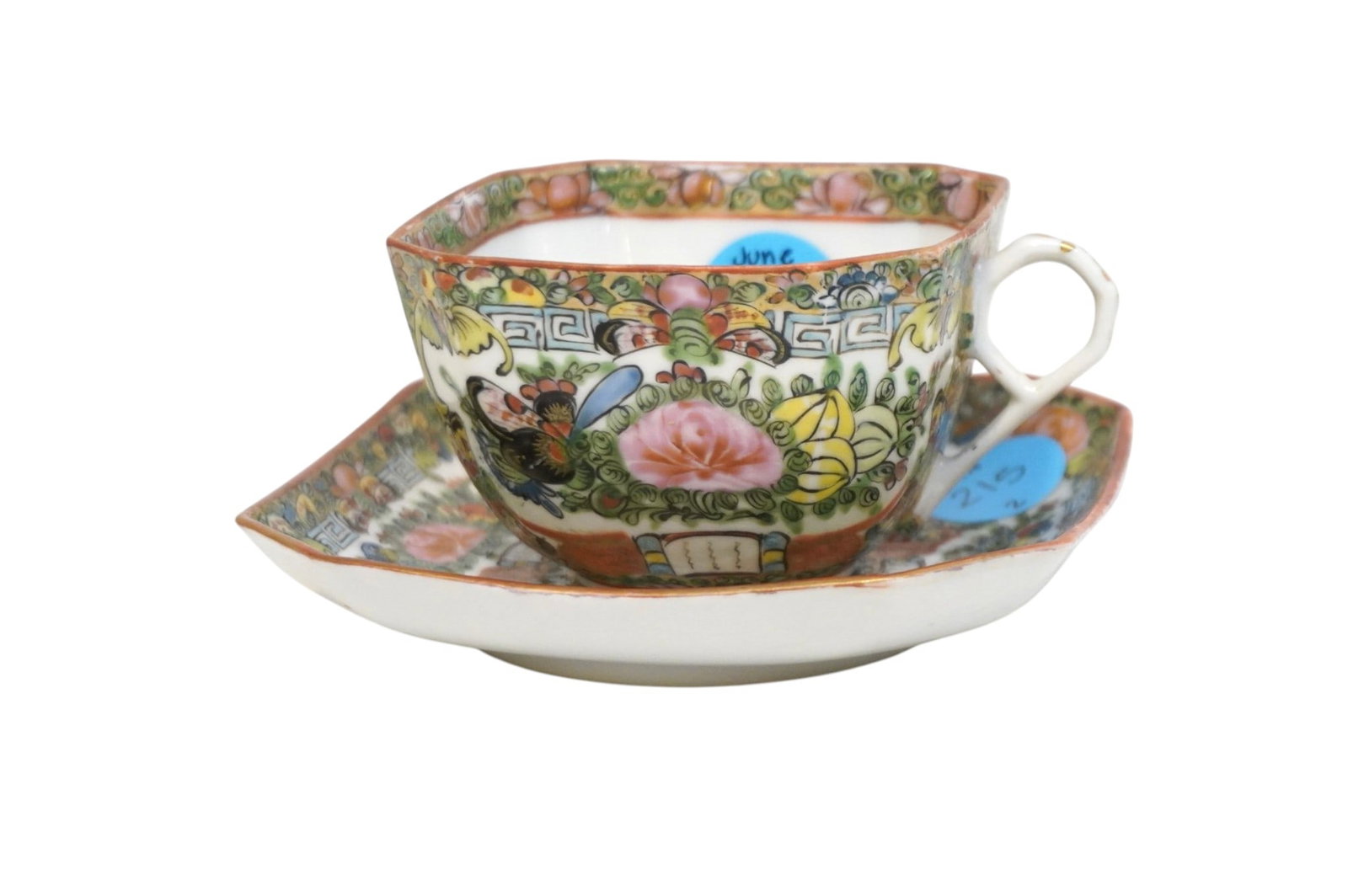 HAND PAINTED FAMILLE ROSE TEACUP AND SAUCER: Hand Painted Chinese Famille Rose Teacup and Saucer. Teacup measures 4.25" x 3.5" x 2.25" and saucer is 5" x 5", total lot weight is 7.1 oz. **In house shipping available on this lot** If you win this