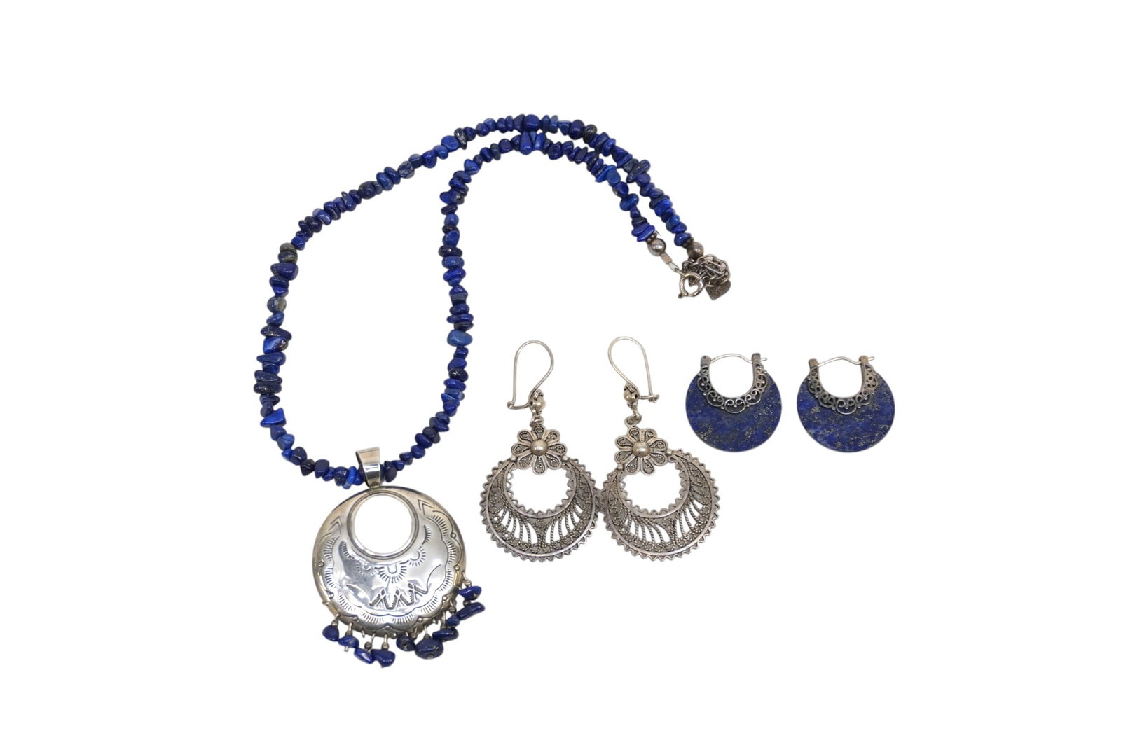 LAPIS LAZULI AND STERLING SILVER JEWELRY: Lapis Lazuli and Sterling Silver Jewelry. 2 Pierced Earrings and 1 Necklace which measures approx. 9" and total lot weight is 1.5 oz. **In house shipping available on this lot** If you win this lot, p
