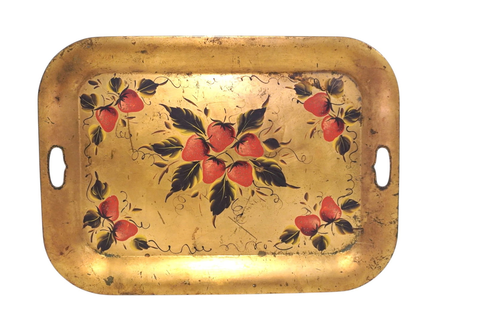 LARGE TOLE PAINTED STRAWBERRIES ON GOLD TRAY (1 of 3)