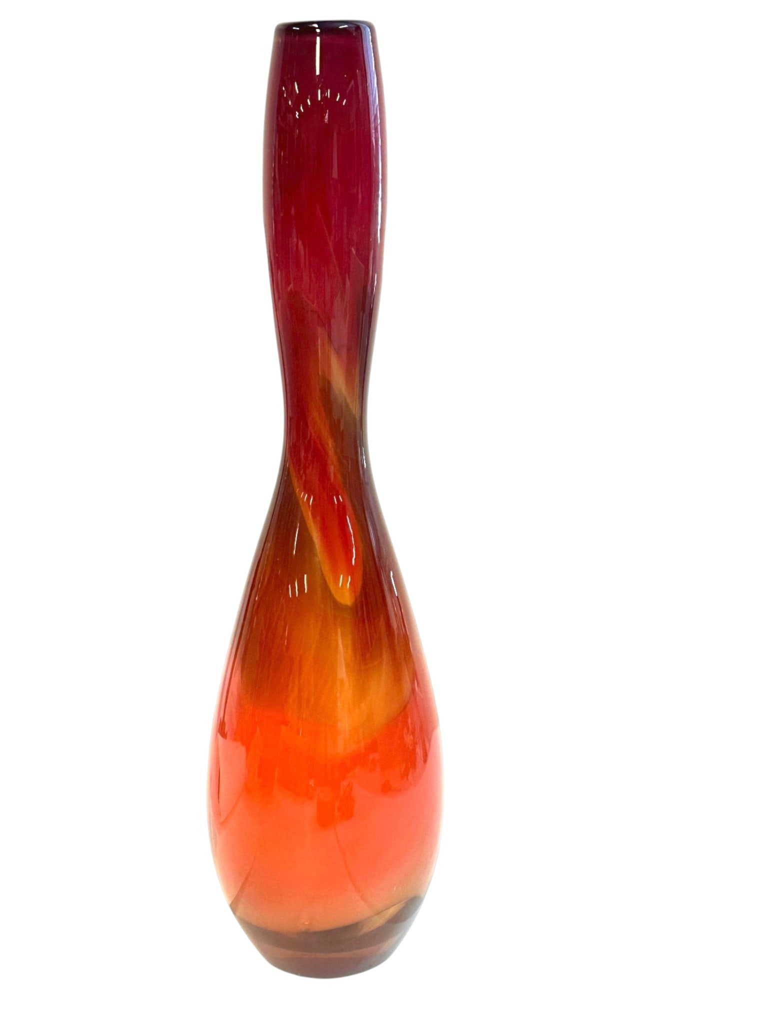 CONTEMPORARY STUDIO ART GLASS VASE SIGNED BY ARTIST: Ruby to burnt orange hand- blown studio art glass vase, signed and dated at the base. Measures 19" tall. Weighs 6 lbs. **In house shipping available on this lot** If you win this lot, please select se
