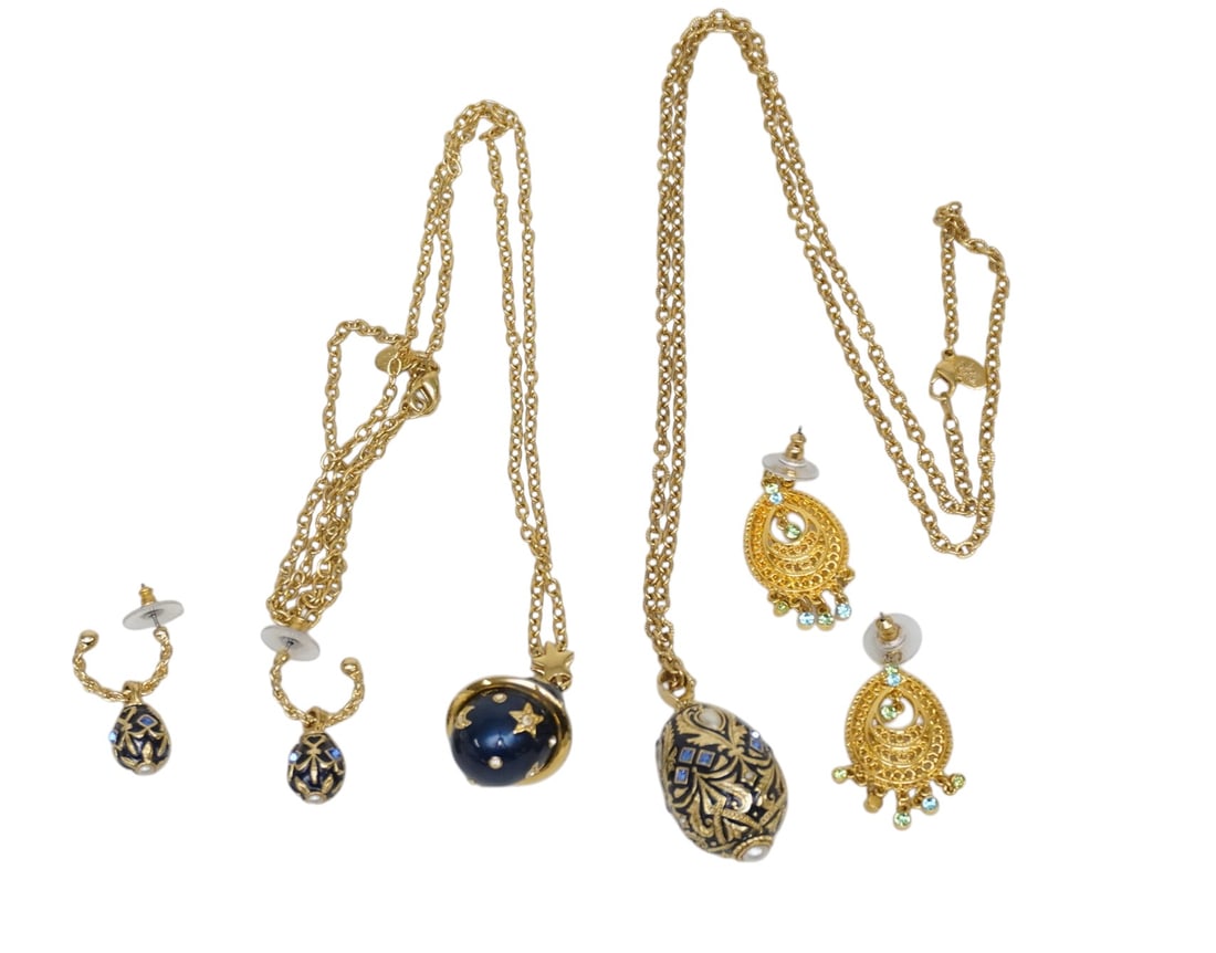 VINTAGE JOAN RIVERS JEWELRY - 4 PIECES: Vintage Joan Rivers Jewelry. 2 necklaces and 2 pairs of earrings. Largest is Faberge egg necklace which measures 16", total lot weight is 3.8 oz. **In house shipping available on this lot** If you win