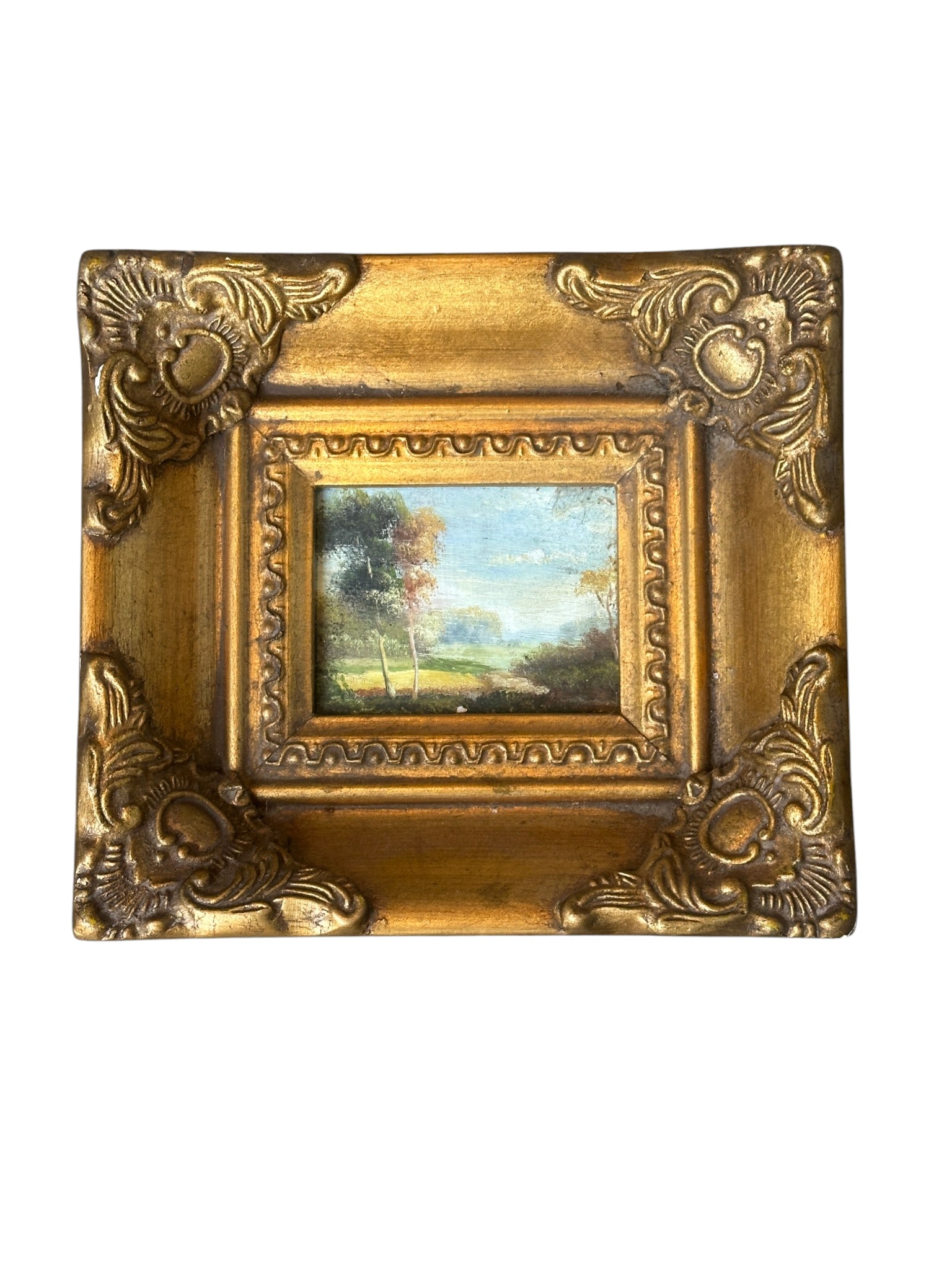 MINIATURE GILT FRAMED ORIGINAL OIL ON BOARD LANDSCAPE: Measures approximately 7" x 7.5" x 2". Weighs approximately 1 pound. **In house shipping available on this lot** If you win this lot, please select self arranged for in house shipping when paying**