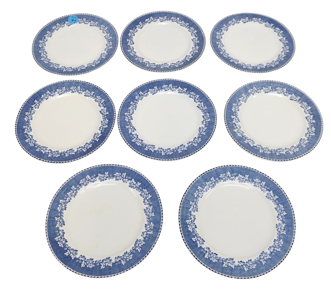 8 WEDGWOOD RYDEL BLUE & WHITE LUNCHEON PLATES: 8 Vintage Wedgwood Rydel Luncheon Plates. Berries With Blue & White Leaves. Each 8"x8". Weight 3 lbs **In house shipping available on this lot** If you win this lot, please select self arranged for in