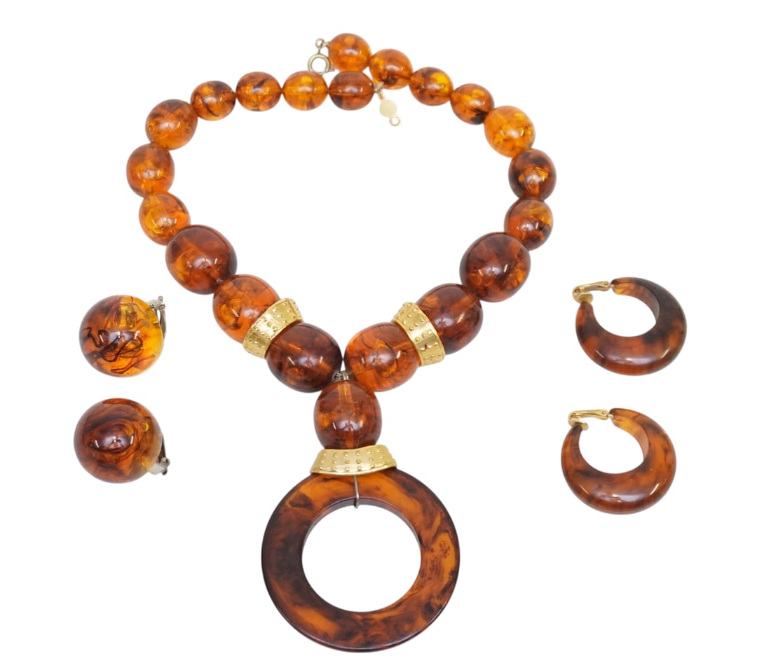 VINTAGE MID CENTURY COSTUME JEWELRY - 3 PIECES: Vintage Mid-Century Costume Jewelry. Includes 1 Necklace and 2 Pairs of Clip on Earrings. Necklace measures approx. 11.5" and total lot weight is 6.2 oz. **In house shipping available on this lot** If