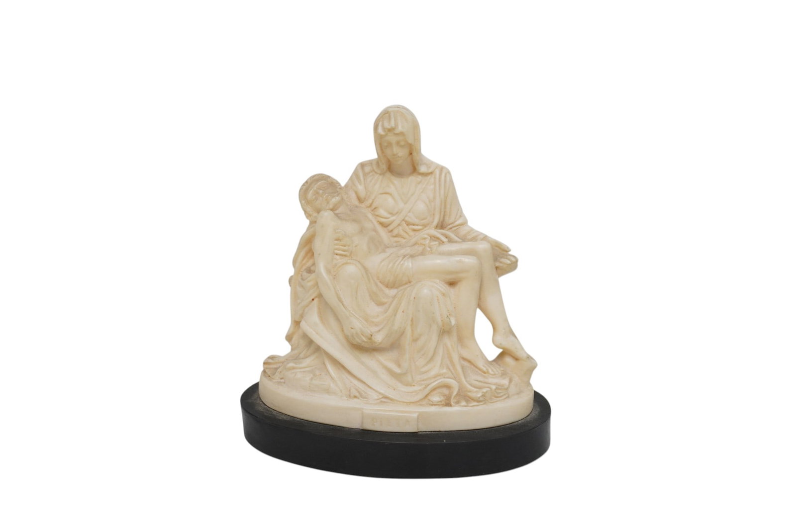 BIANCHI PIETA STATUE G. RUGGERI: Bianchi Alabaster Composite Statue after Michelangelo?s famous Pieta.With original tag and label on the bottom. Made in Italy by Italian sculptor G. Ruggeri for the well known Bianchi sculpture manufa