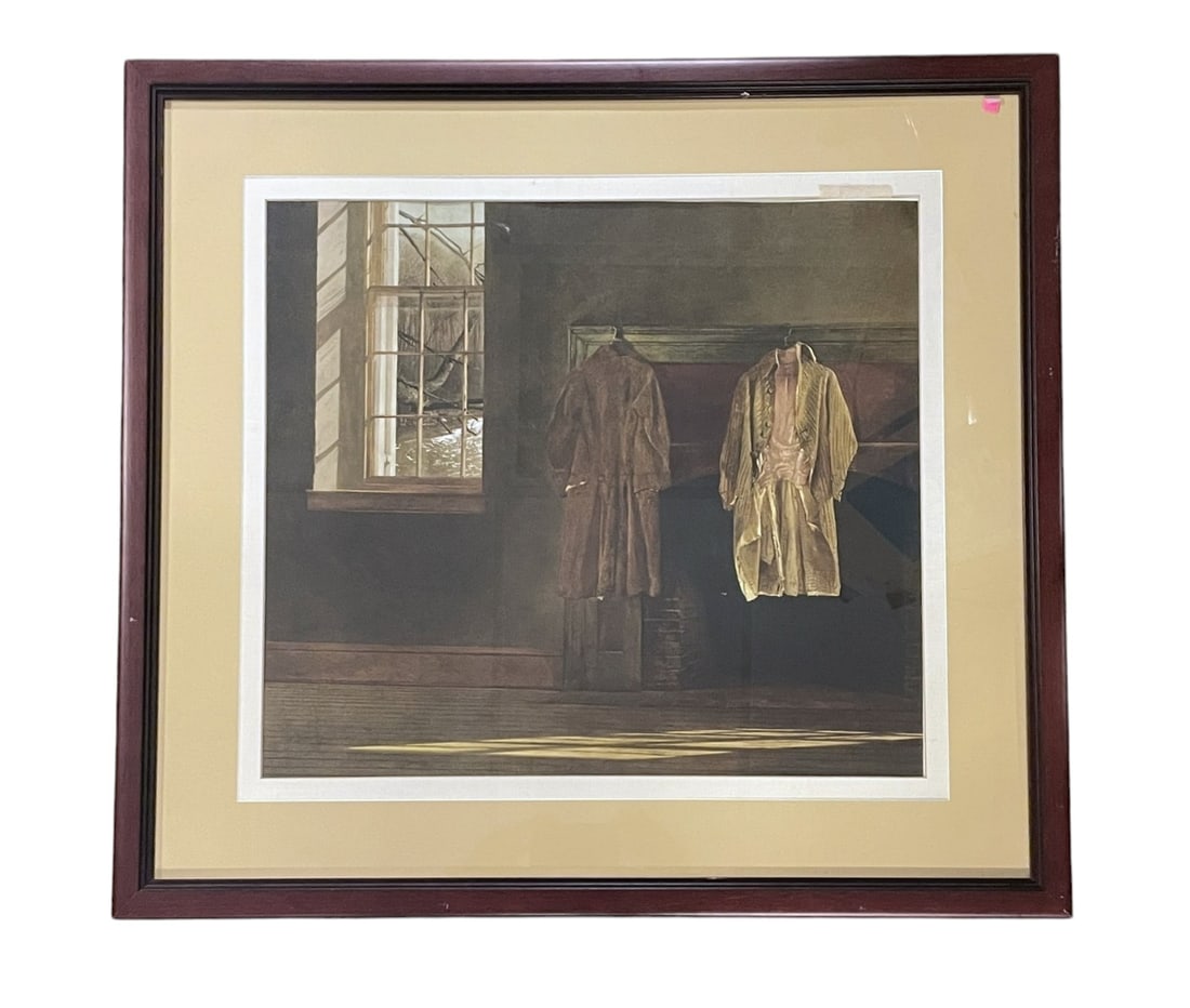 LARGE FRAMED ANDREW WYETH "THE QUAKER" LITHOGRAPH: Large framed Andrew Wyeth Lithograph "The Quaker". Professionally framed and matted. In frame measures 31 1/2"x30"x1 1/4". Weight 14 lbs **In house shipping available on this lot** If you win this lot